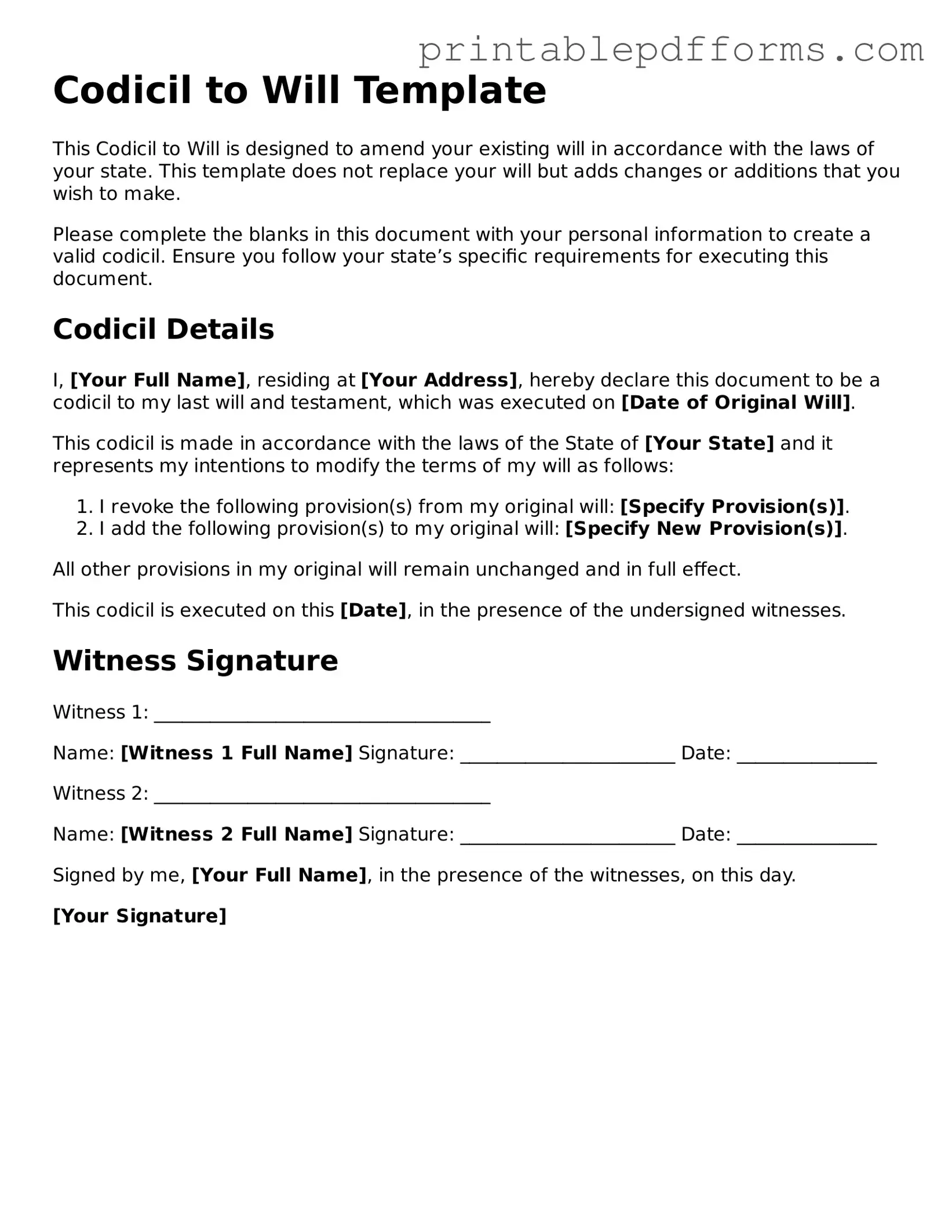 Blank Codicil to Will Form