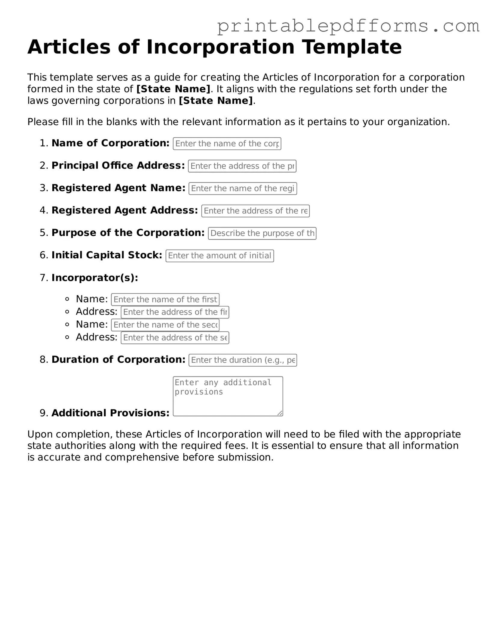 Blank Articles of Incorporation Form