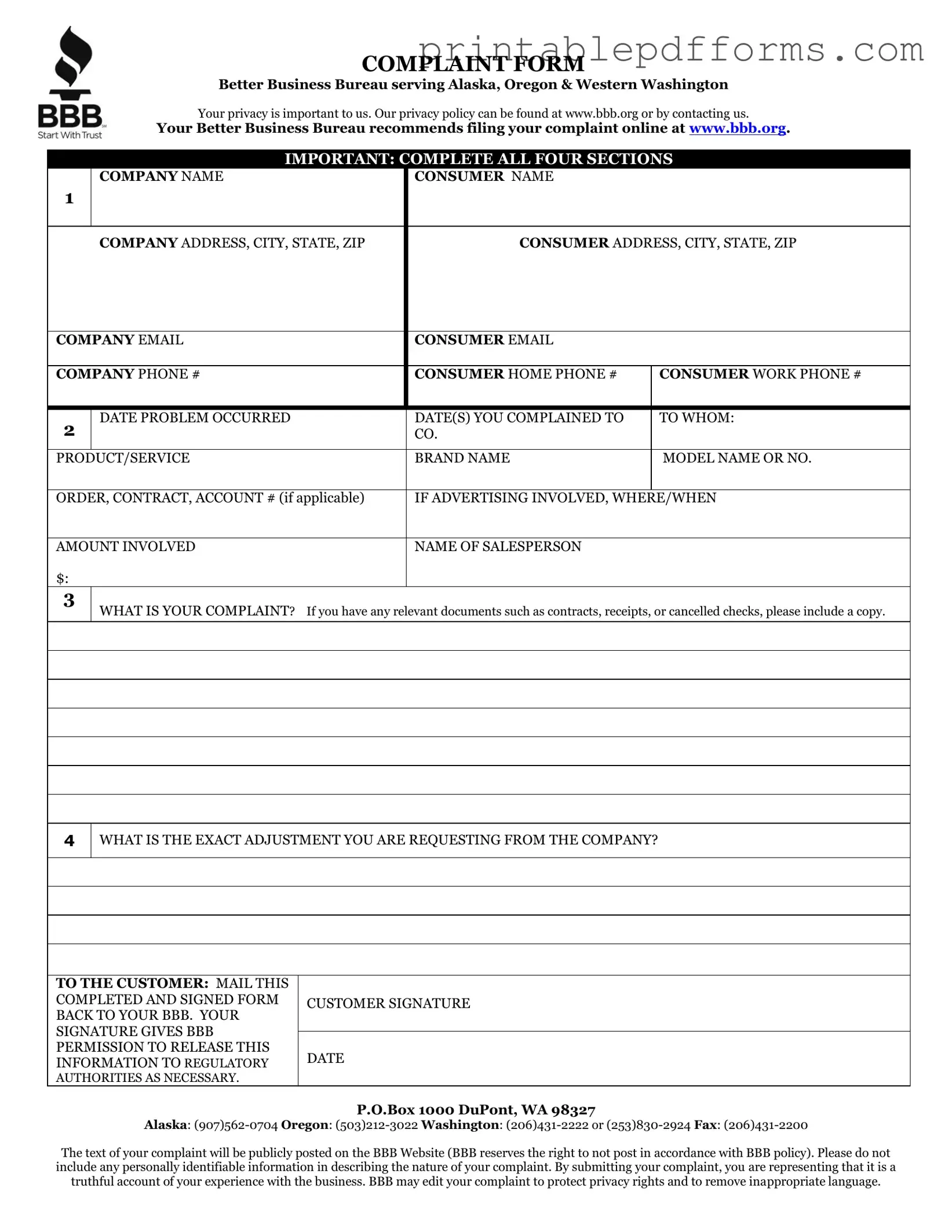 Fill a Valid Bbb Complaint Form