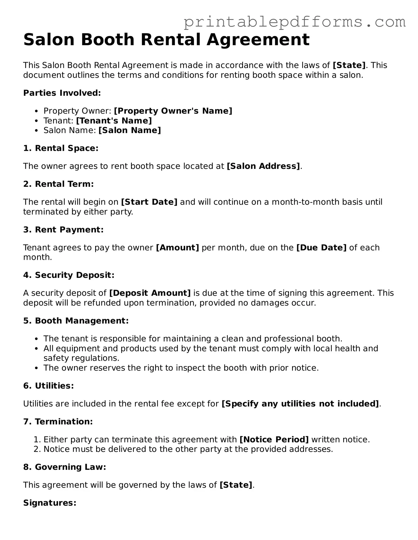 Blank Salon Booth Rental Agreement Form