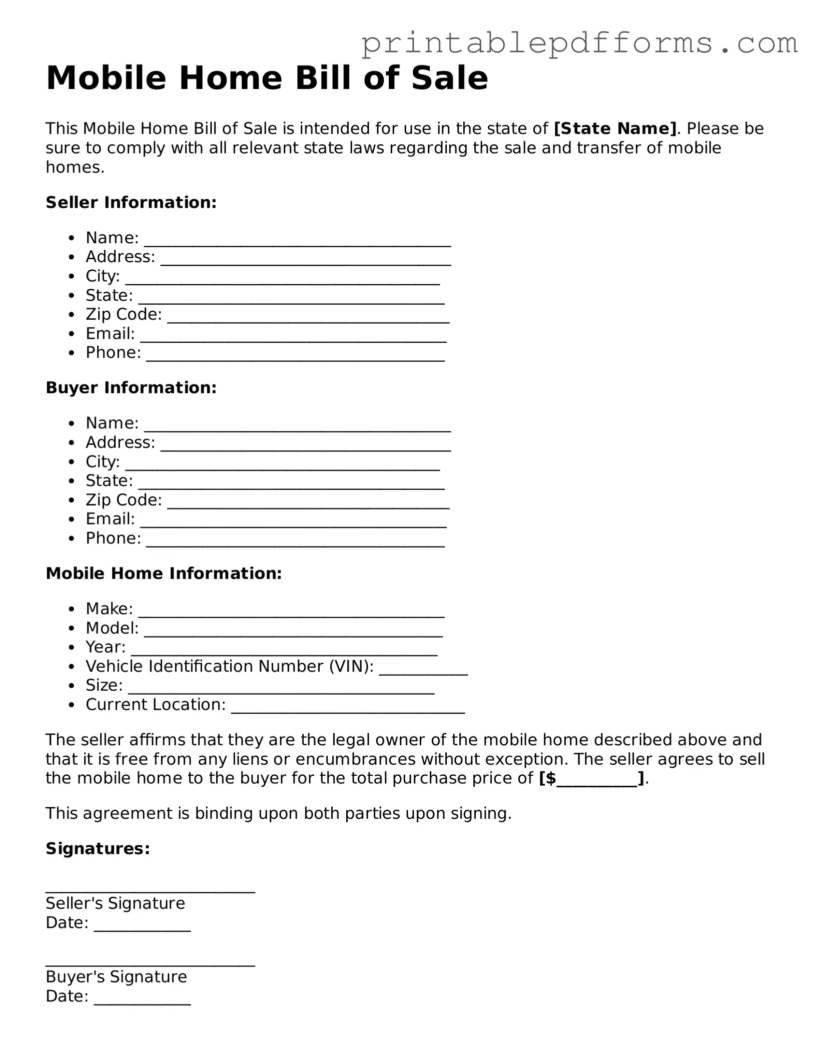 Blank Mobile Home Bill of Sale Form