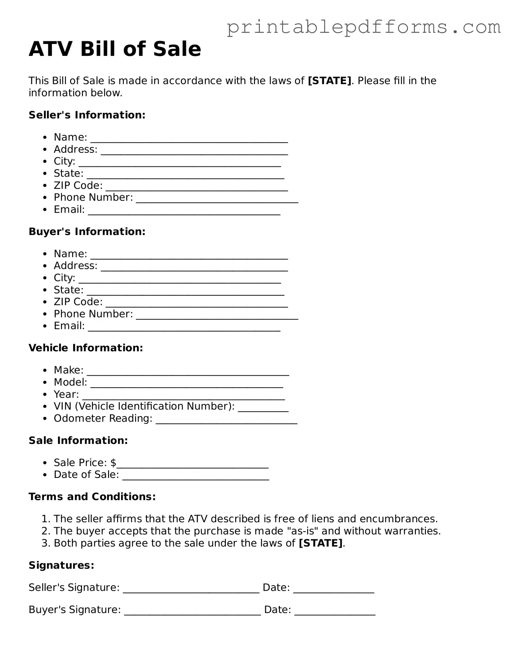 Blank ATV Bill of Sale Form
