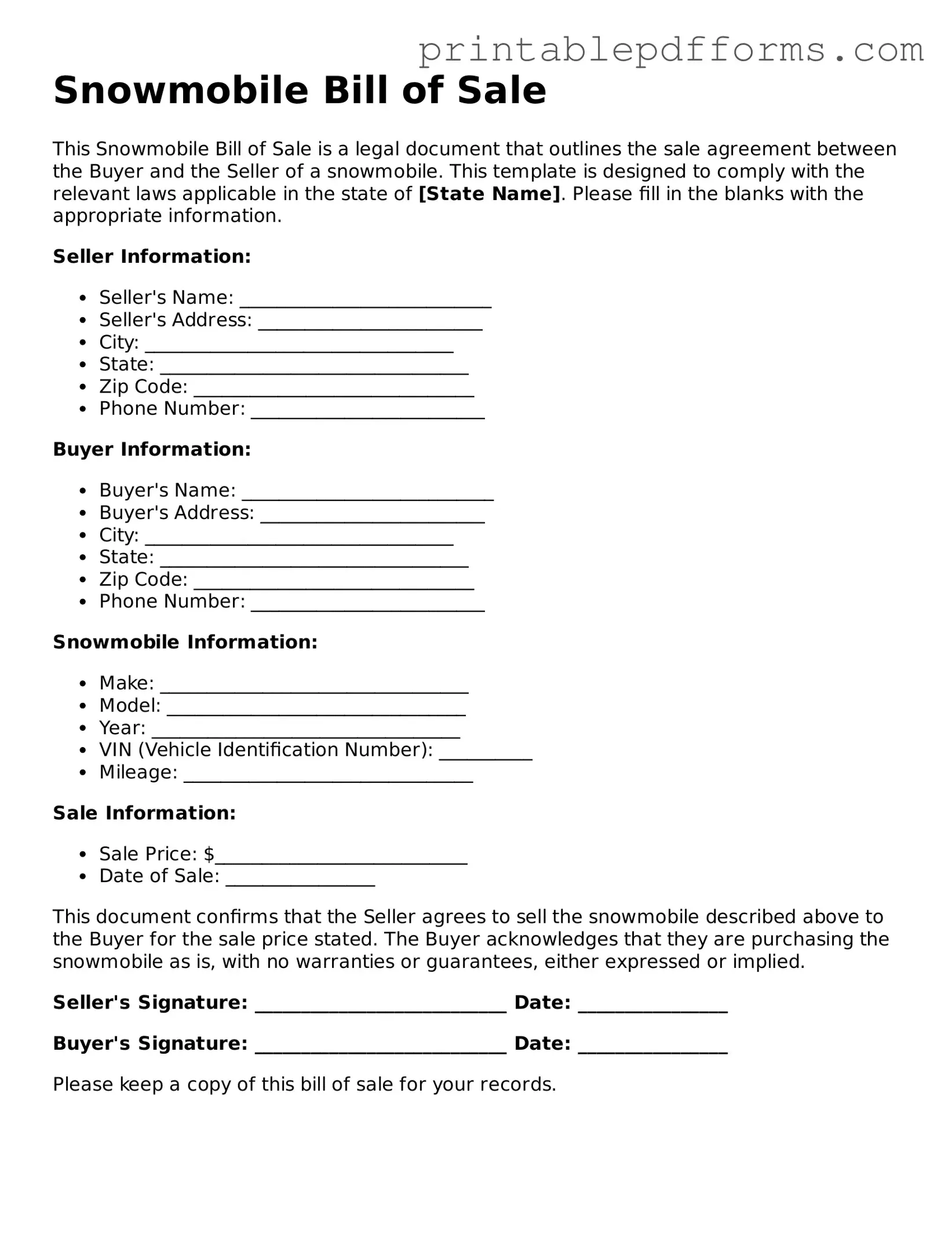 Blank Snowmobile Bill of Sale Form
