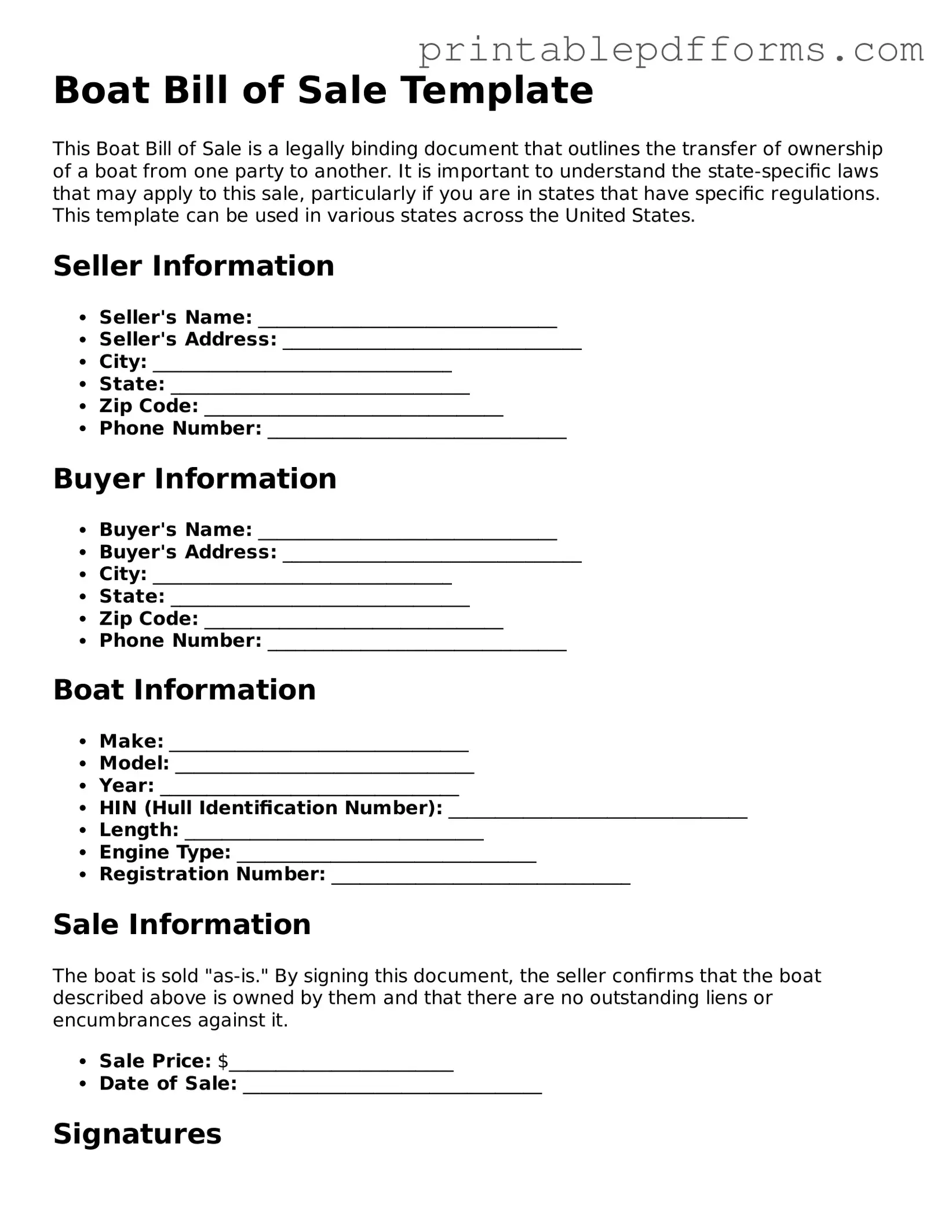 Blank Boat Bill of Sale Form