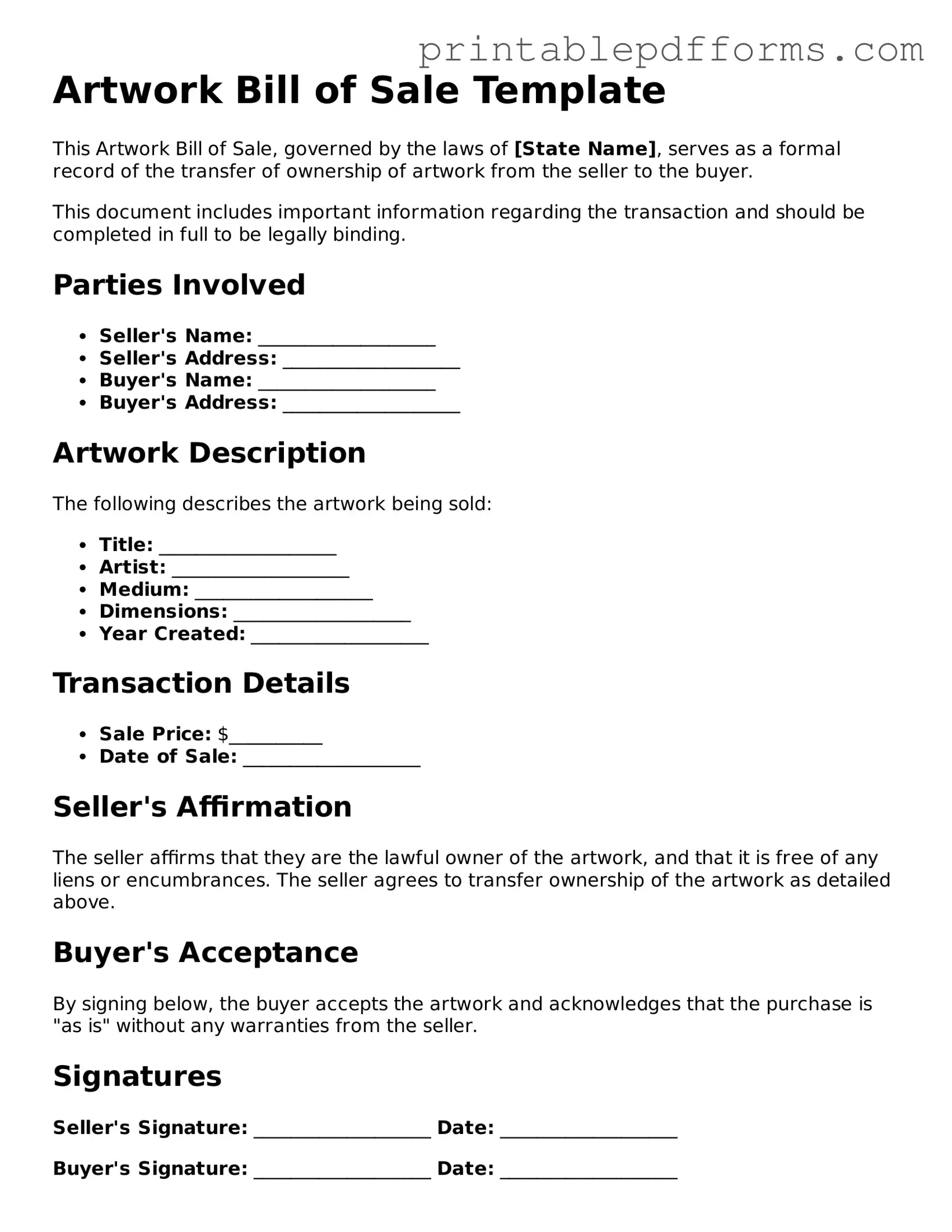 Blank Artwork Bill of Sale Form