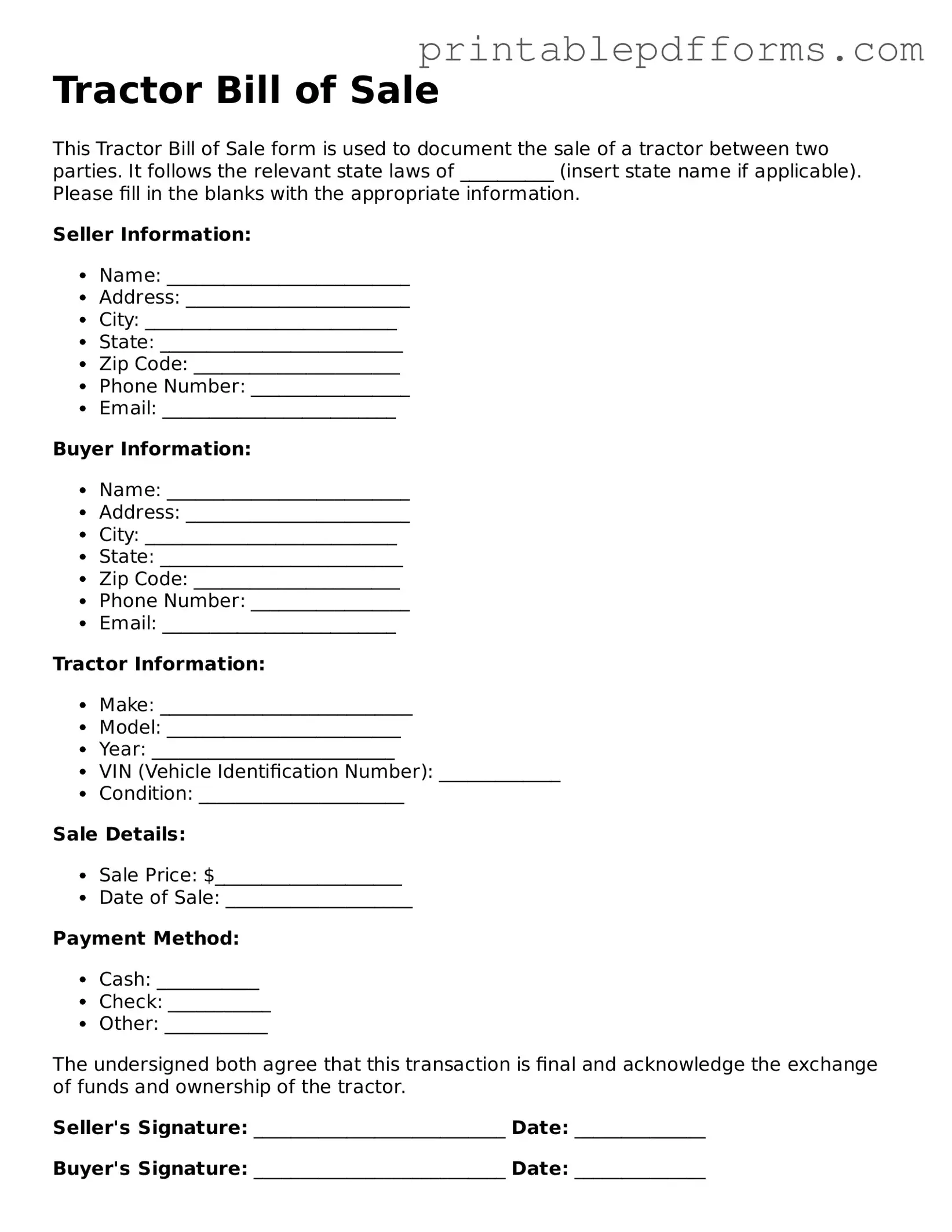 Blank Tractor Bill of Sale Form