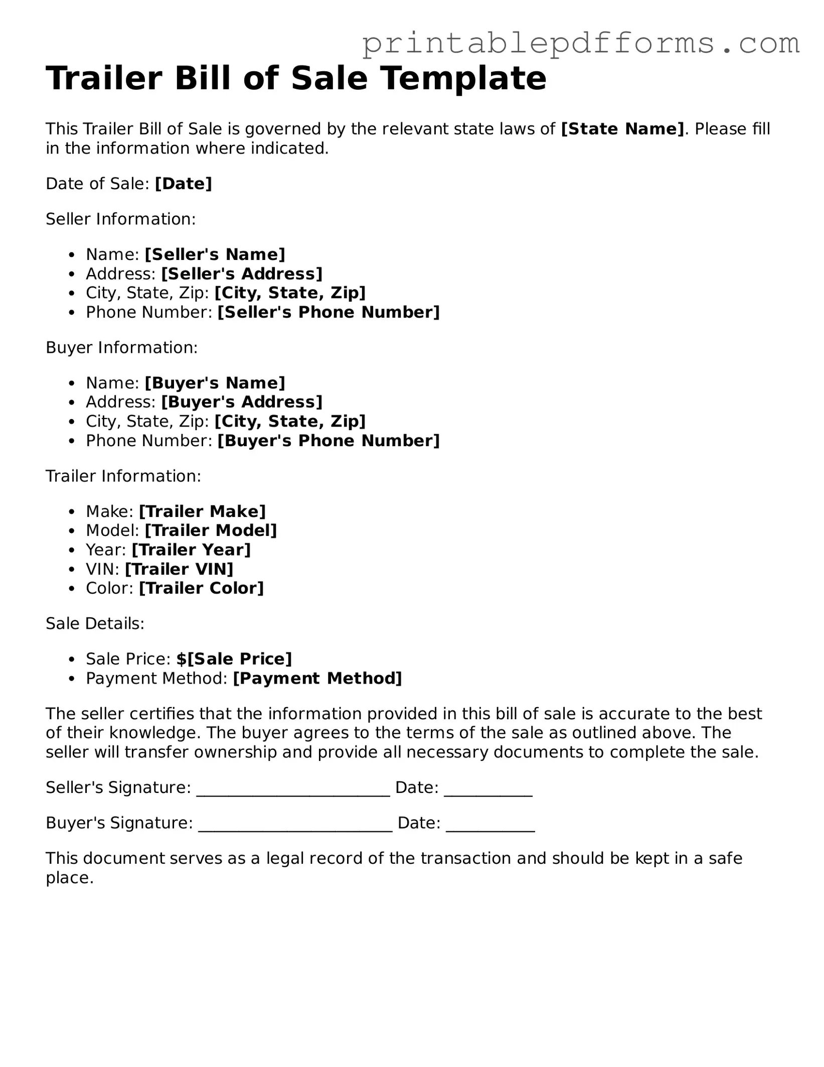 Blank Trailer Bill of Sale Form