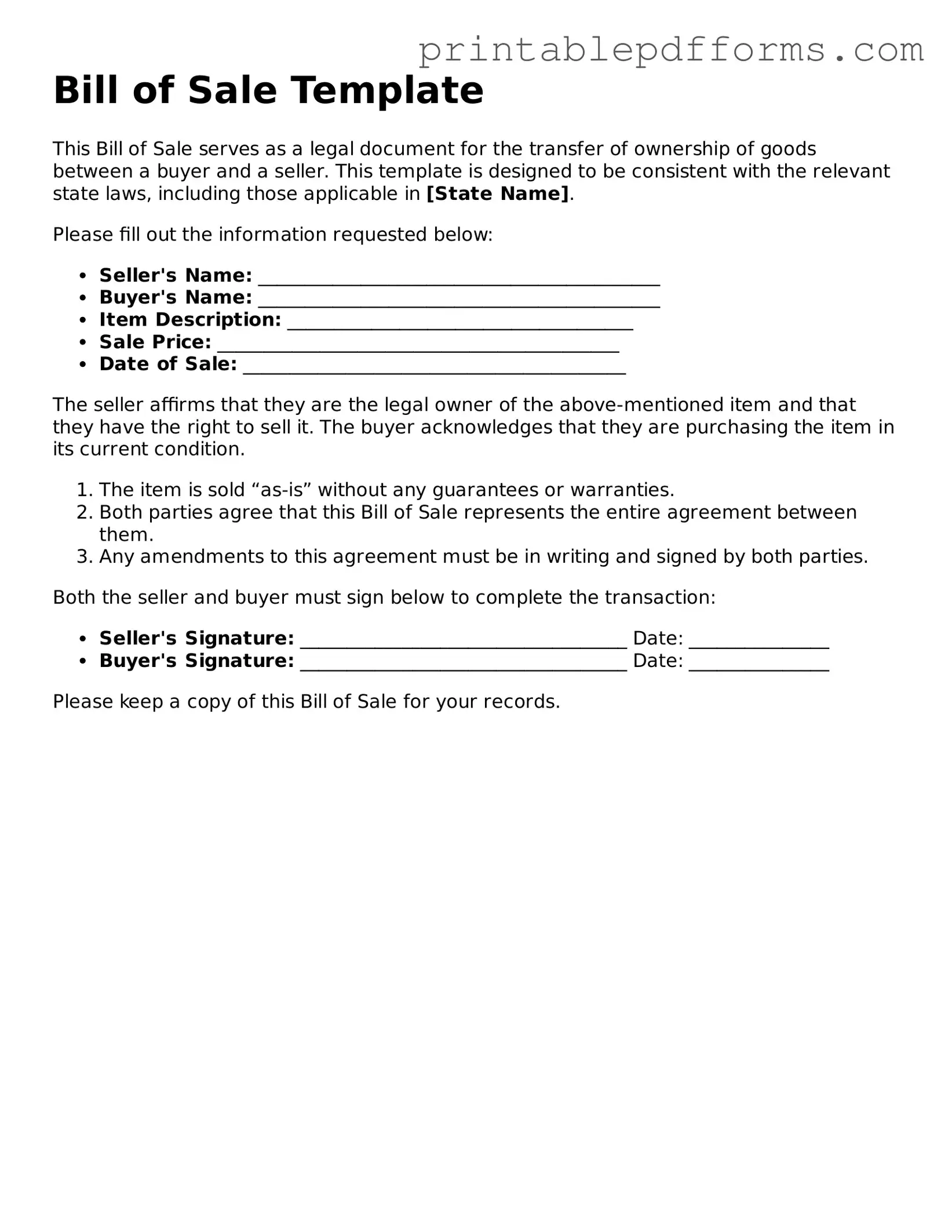 Blank Bill of Sale Form