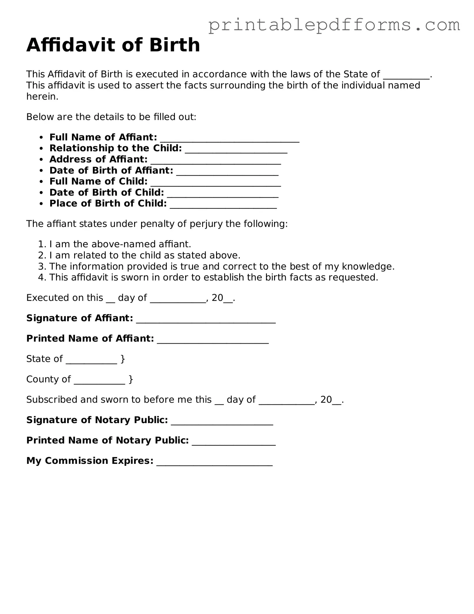 Blank Affidavit of Birth Form