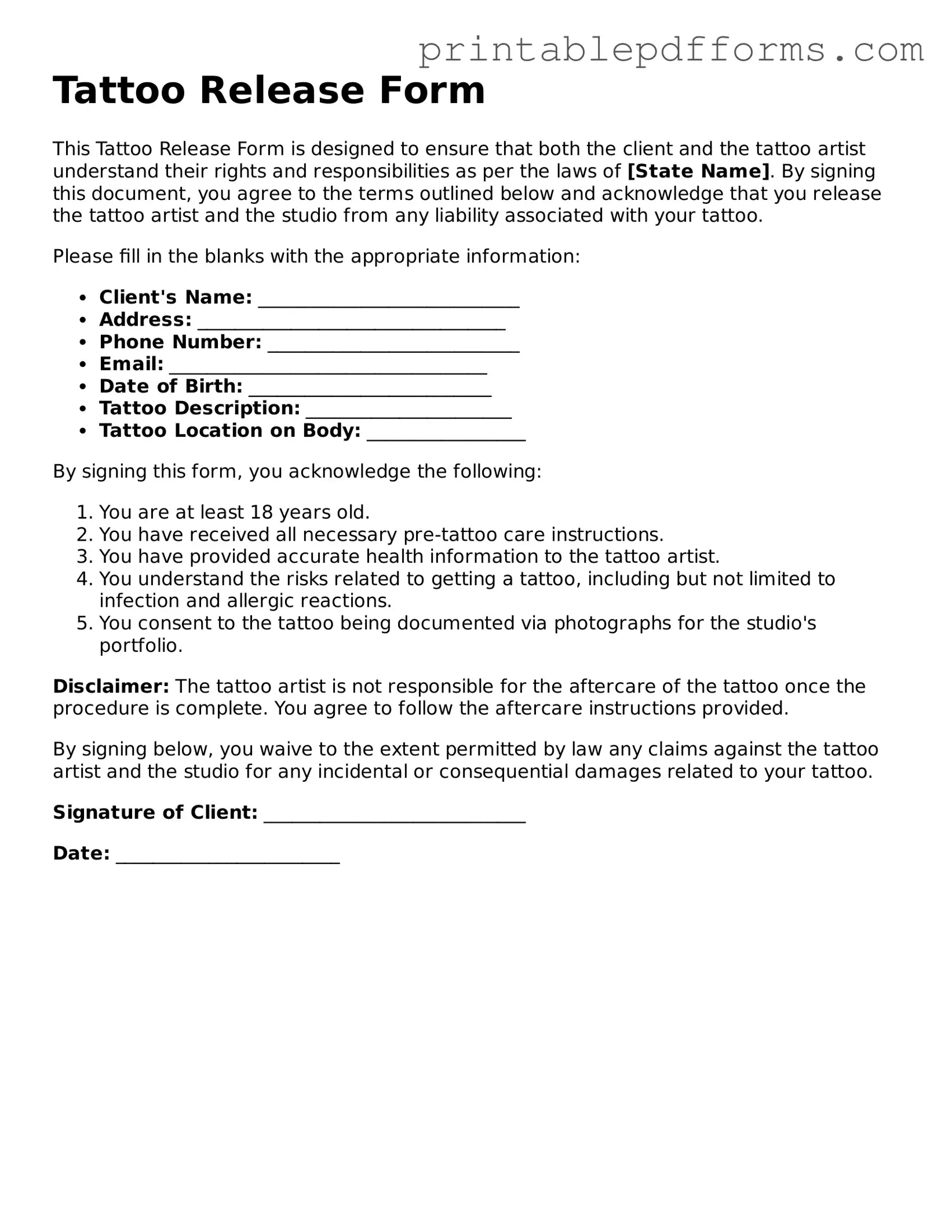 Blank Tattoo Release Form