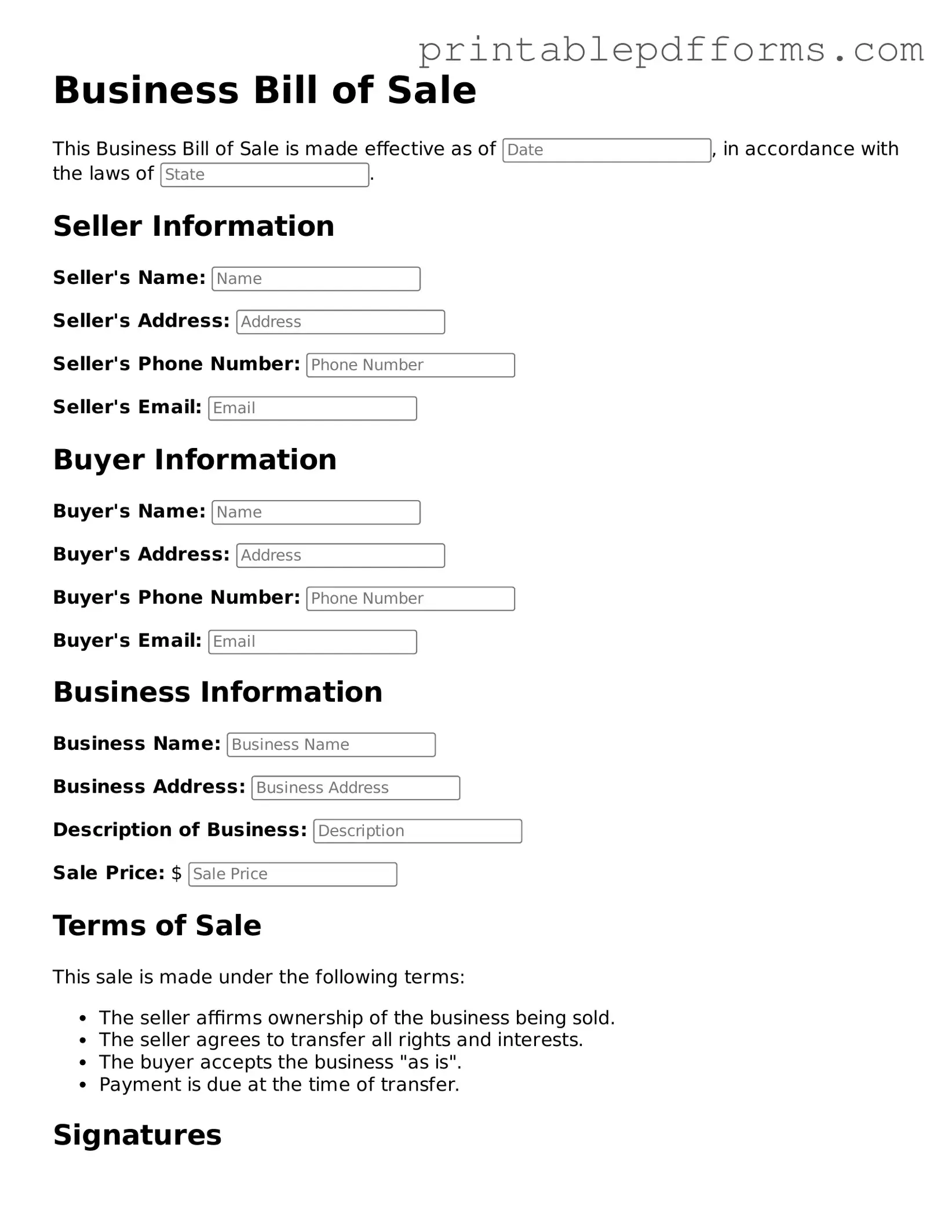 Blank Business Bill of Sale Form