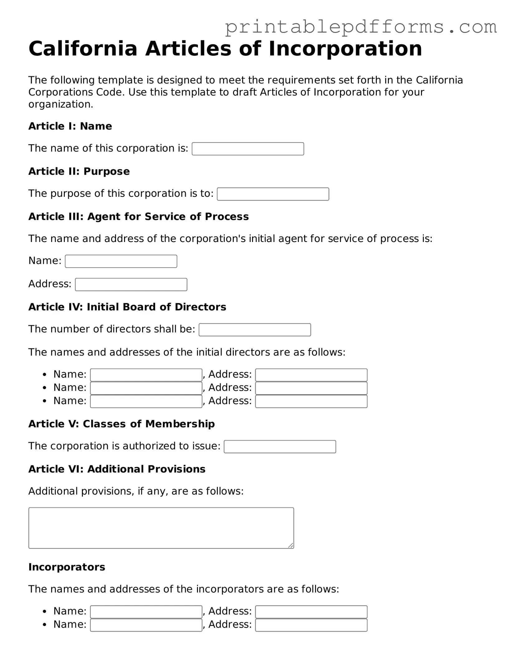 California Articles of Incorporation Document
