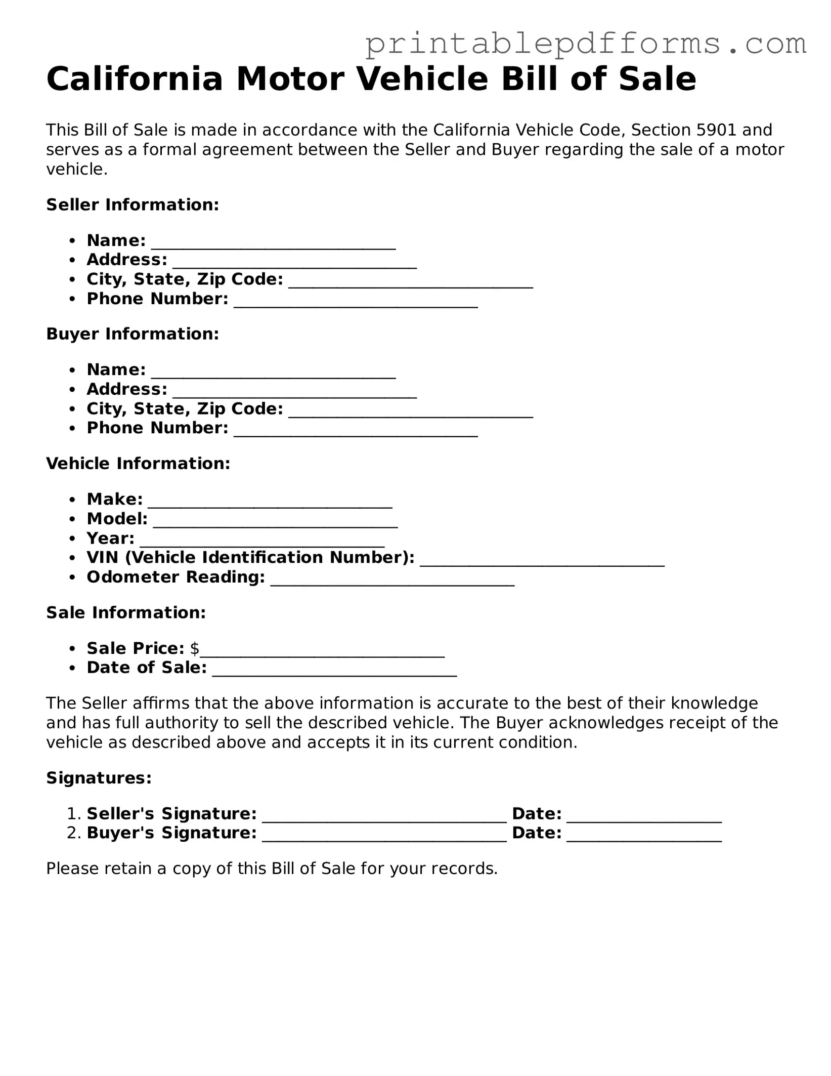 California Motor Vehicle Bill of Sale Document