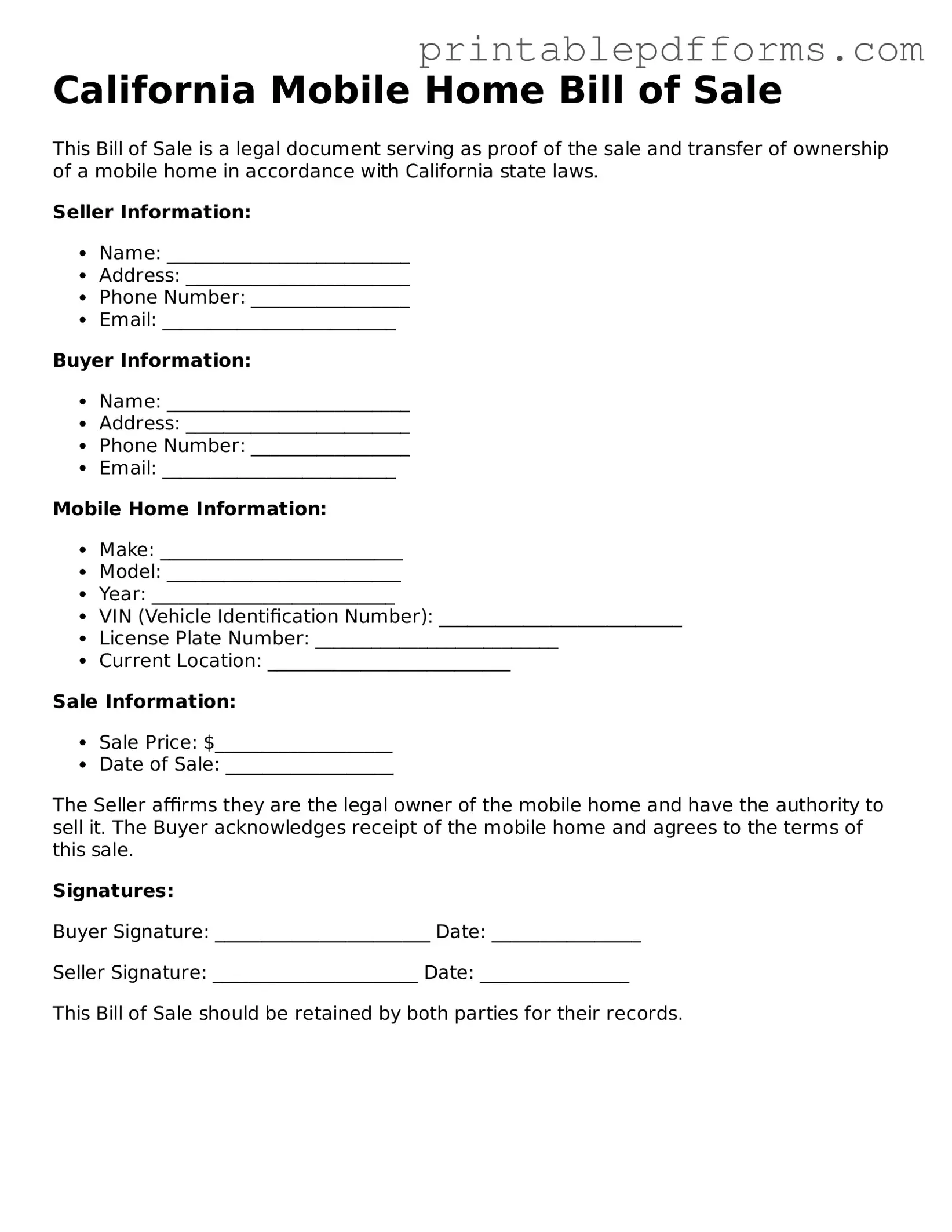 California Mobile Home Bill of Sale Document