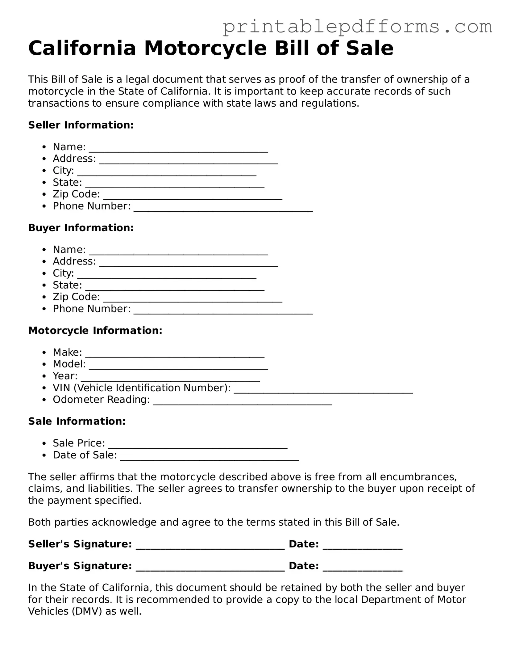 California Motorcycle Bill of Sale Document