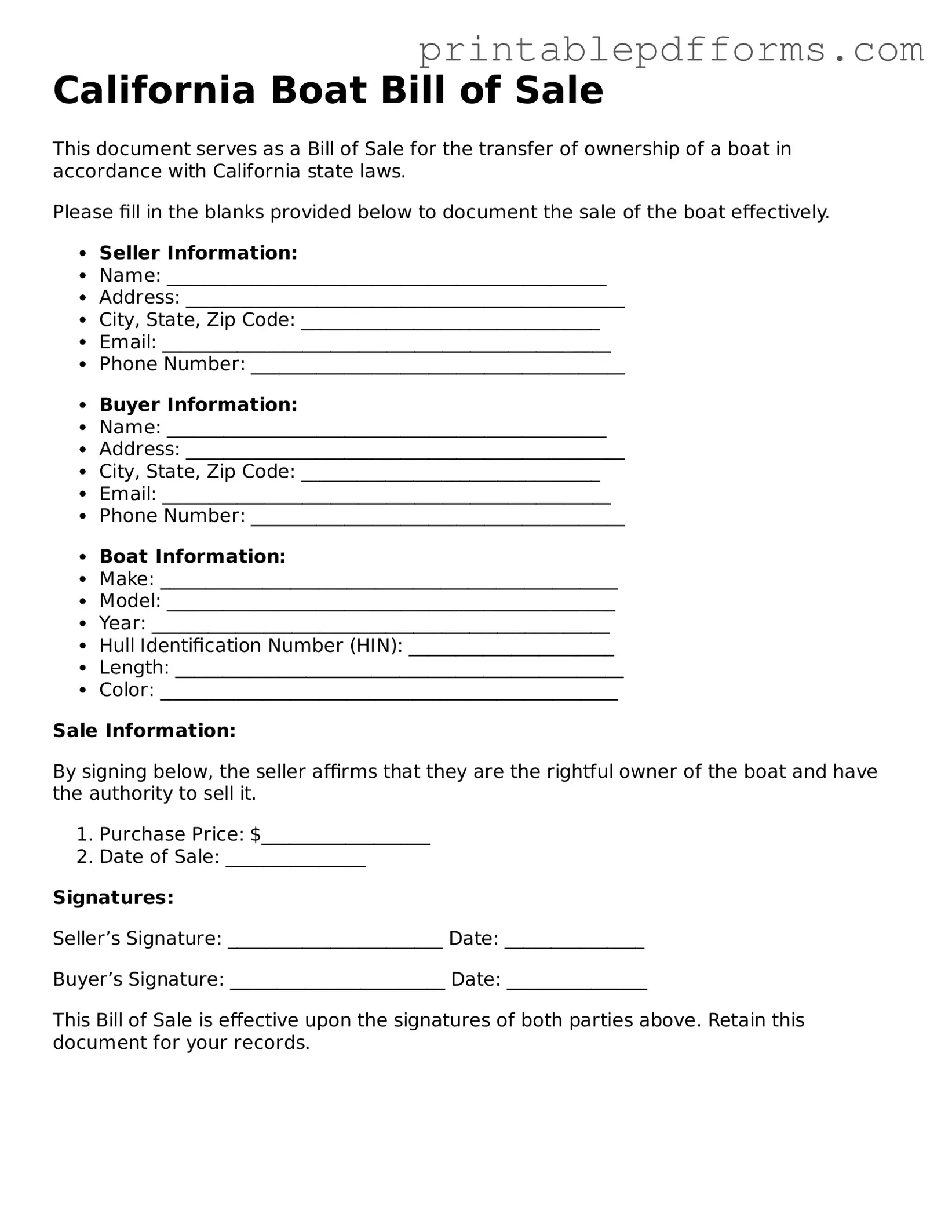 California Boat Bill of Sale Document