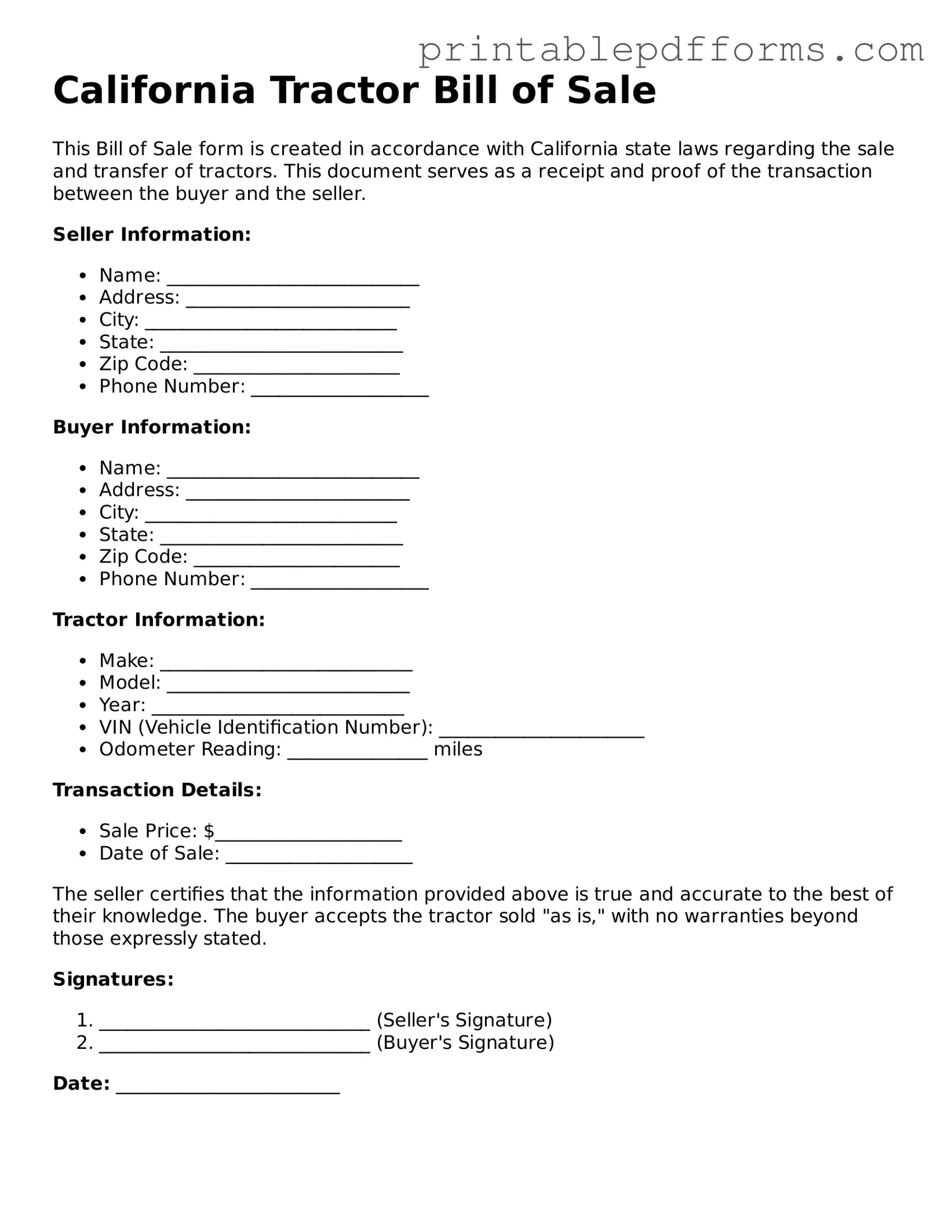 California Tractor Bill of Sale Document