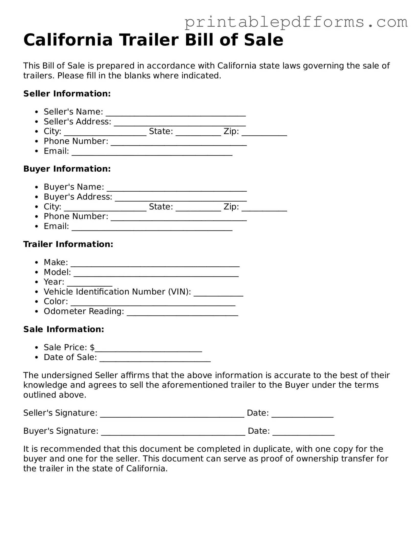 California Trailer Bill of Sale Document