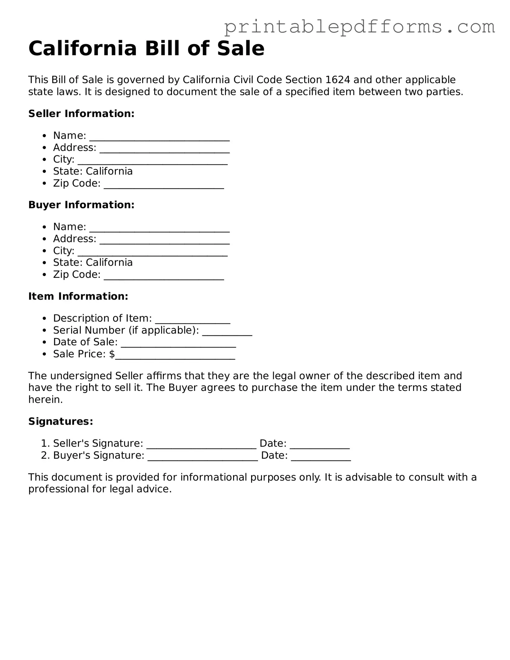 California Bill of Sale Document
