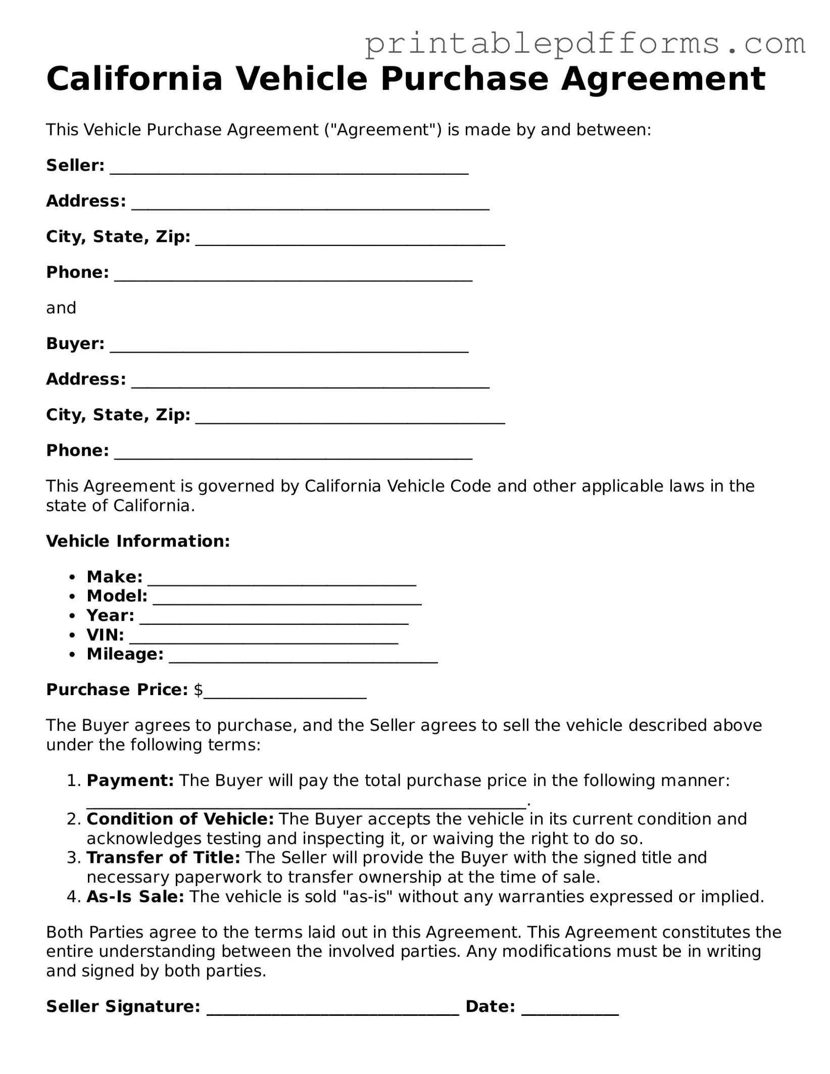 California Vehicle Purchase Agreement Document