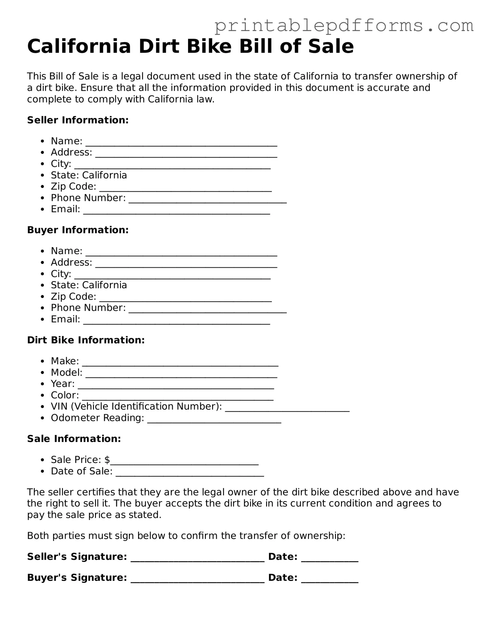 California Dirt Bike Bill of Sale Document