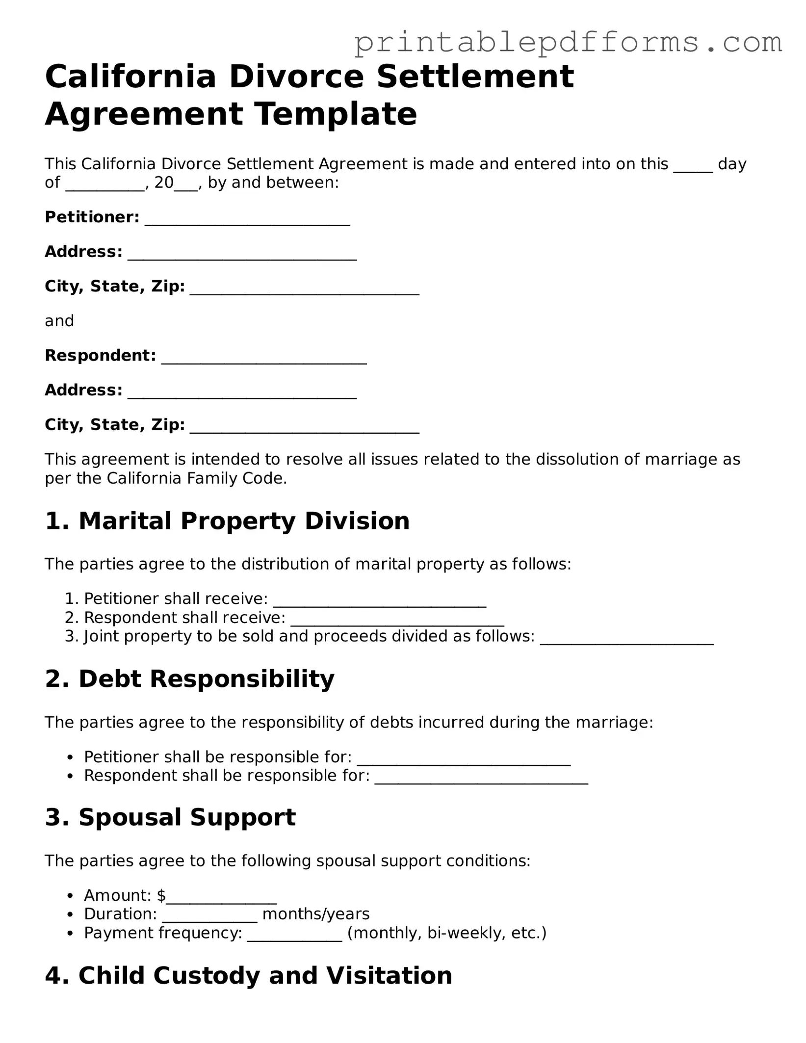California Divorce Settlement Agreement Document