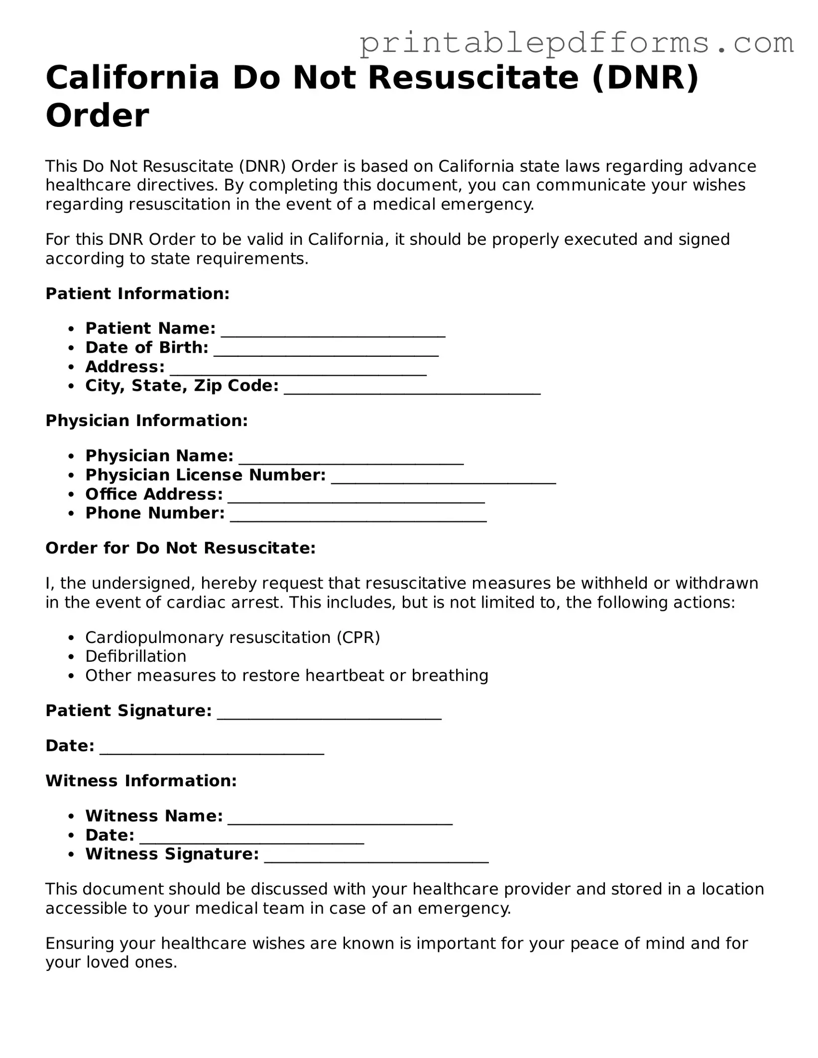 California Do Not Resuscitate Order Document