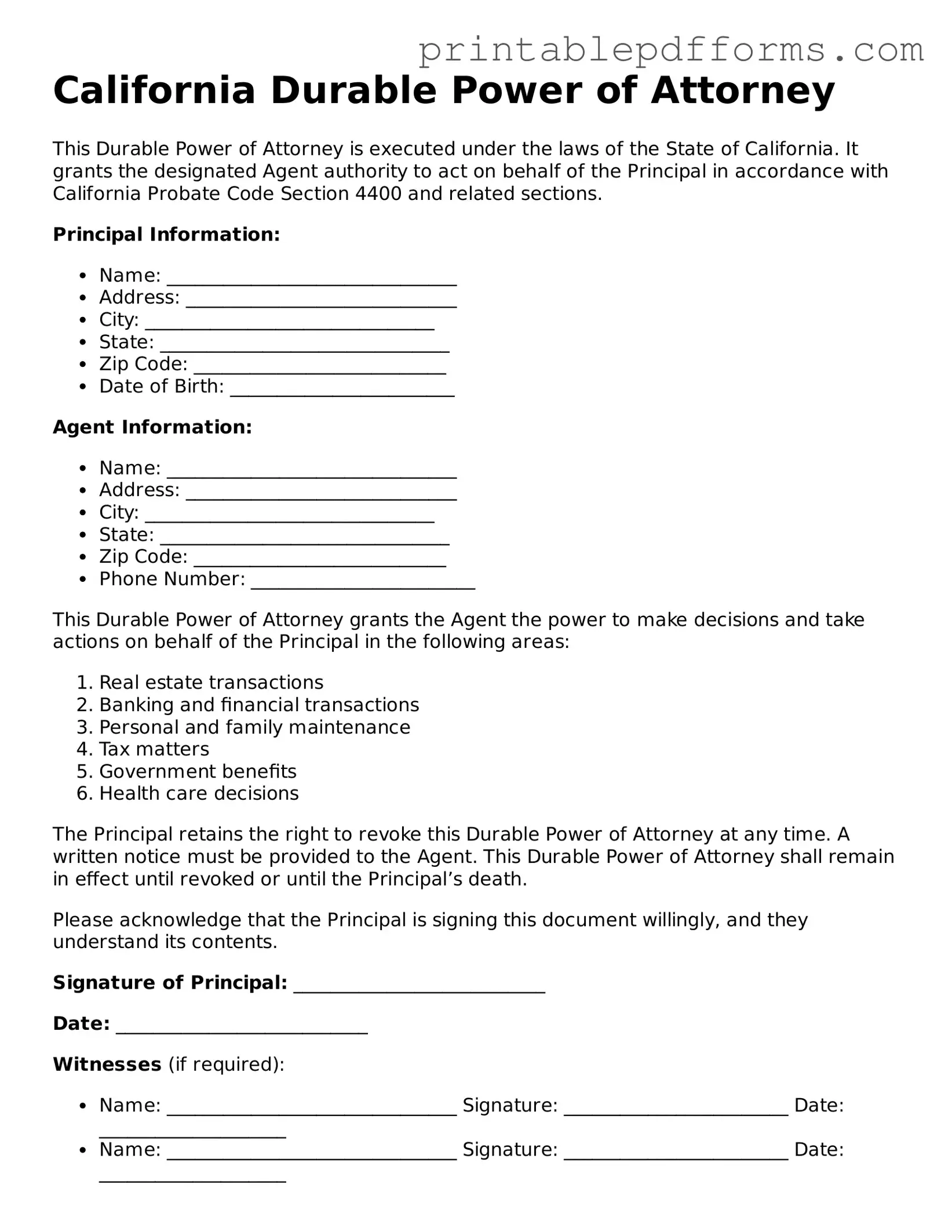 California Durable Power of Attorney Document