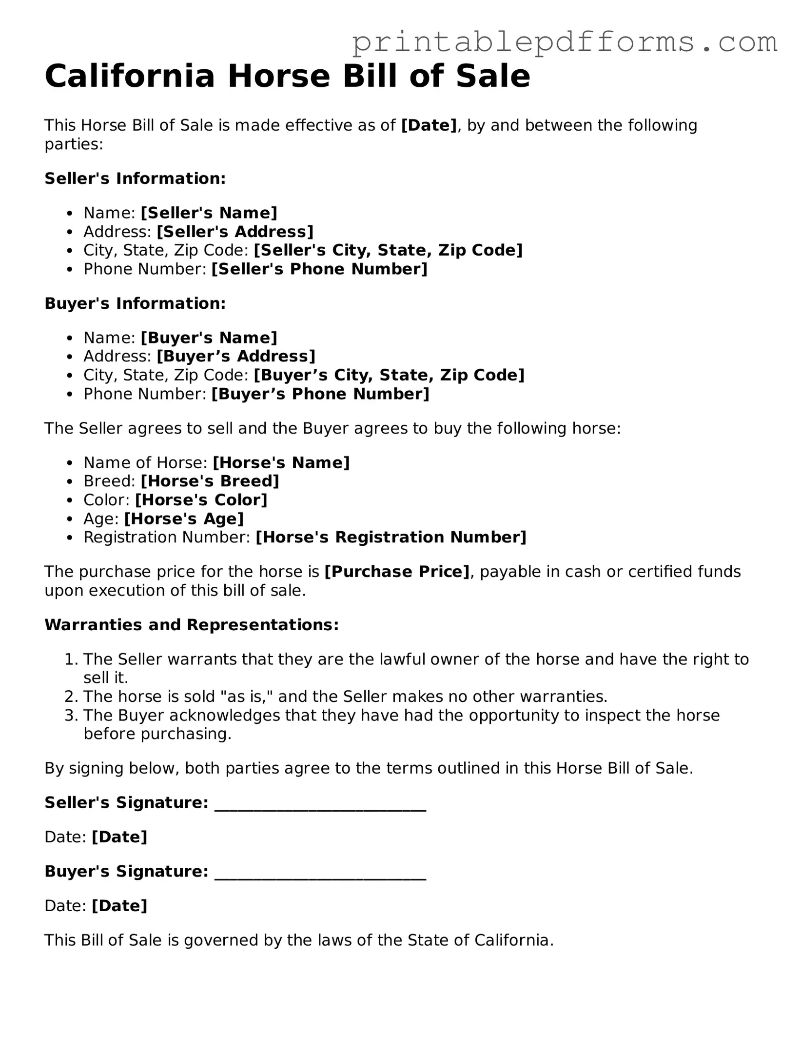 California Horse Bill of Sale Document