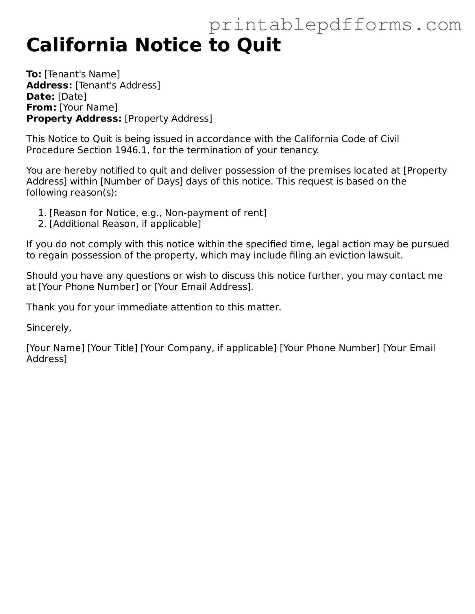 California Notice to Quit Document