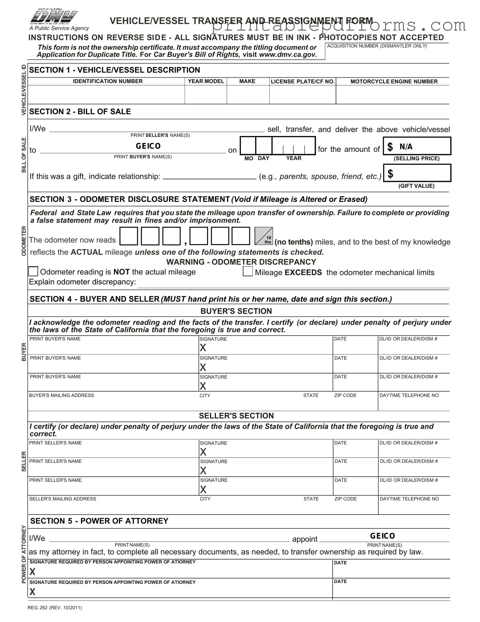 Fill a Valid California Fotm Reg 262 Form