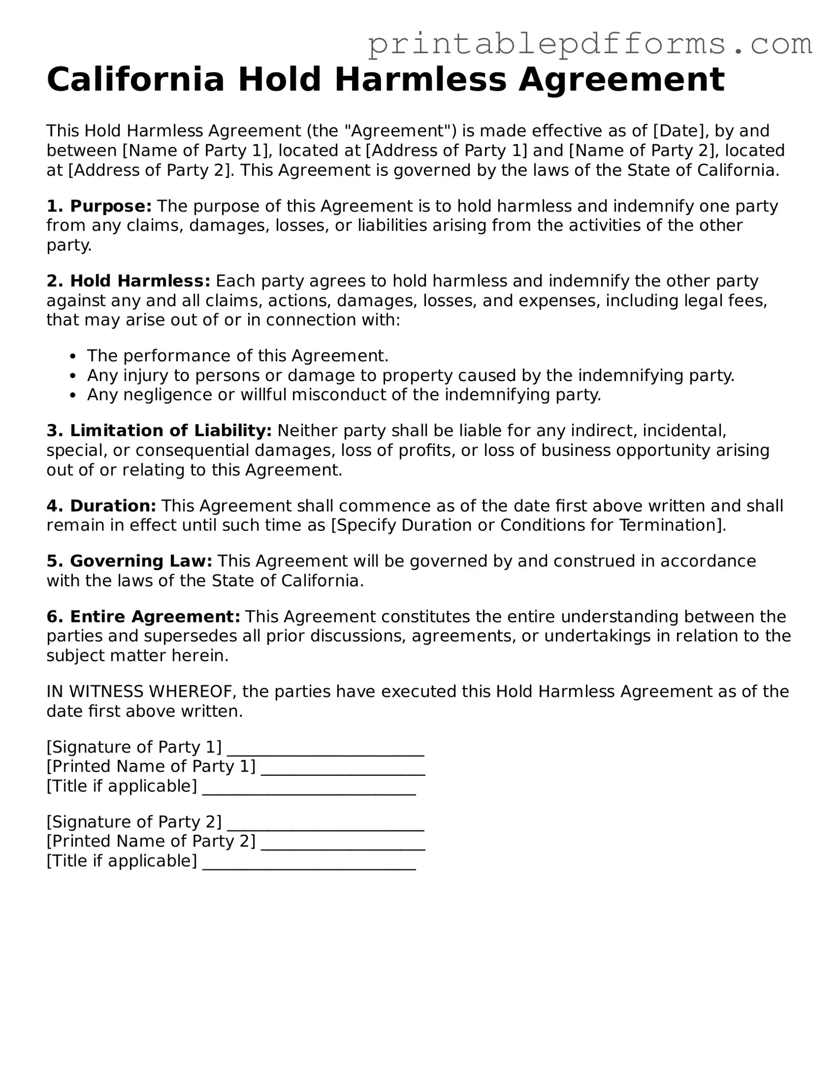 California Hold Harmless Agreement Document