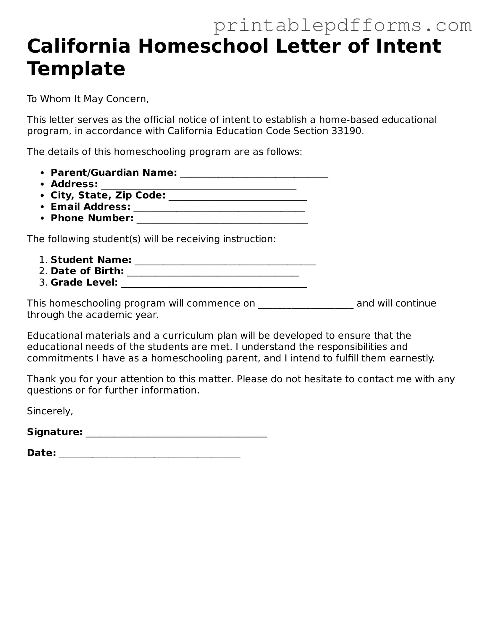 California Homeschool Letter of Intent Document