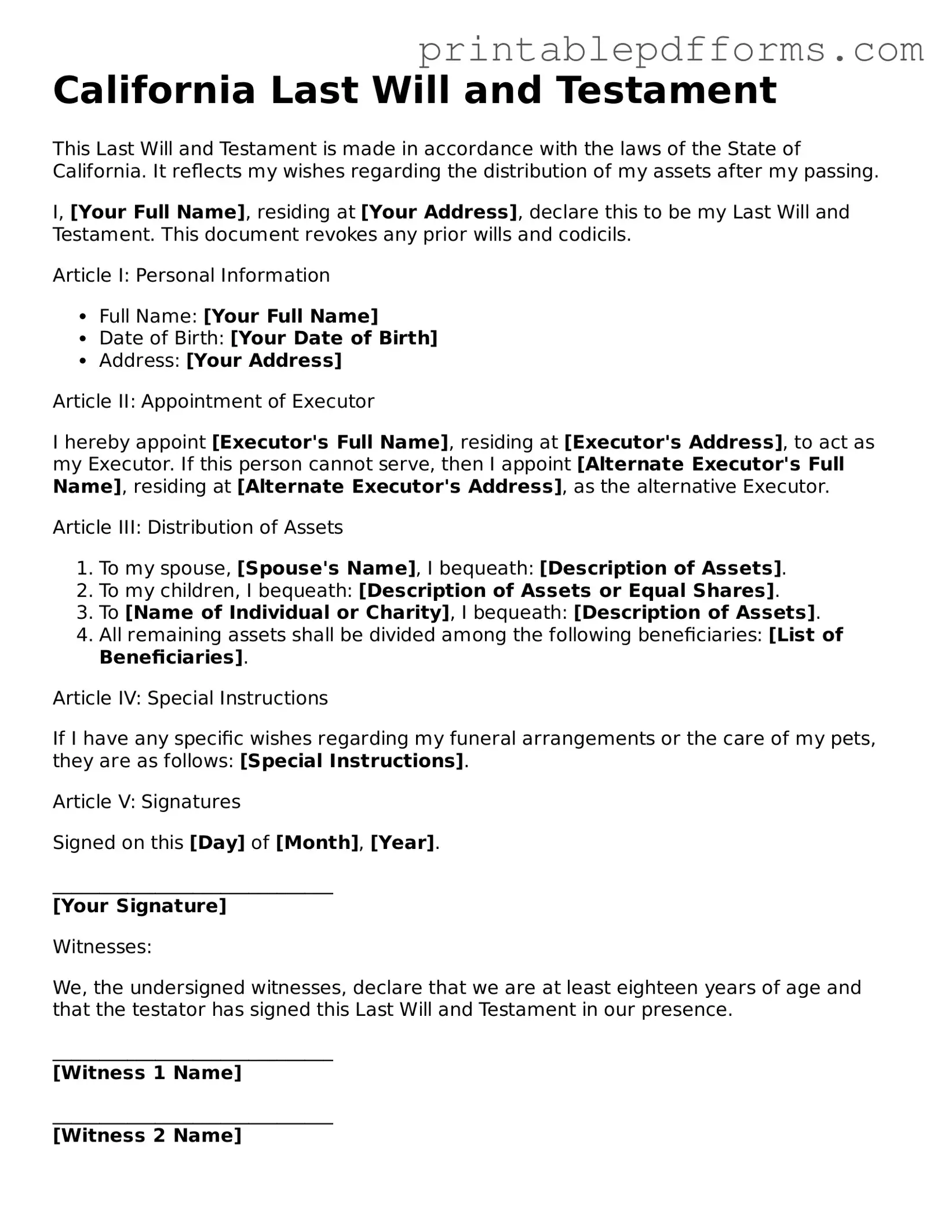 California Last Will and Testament Document