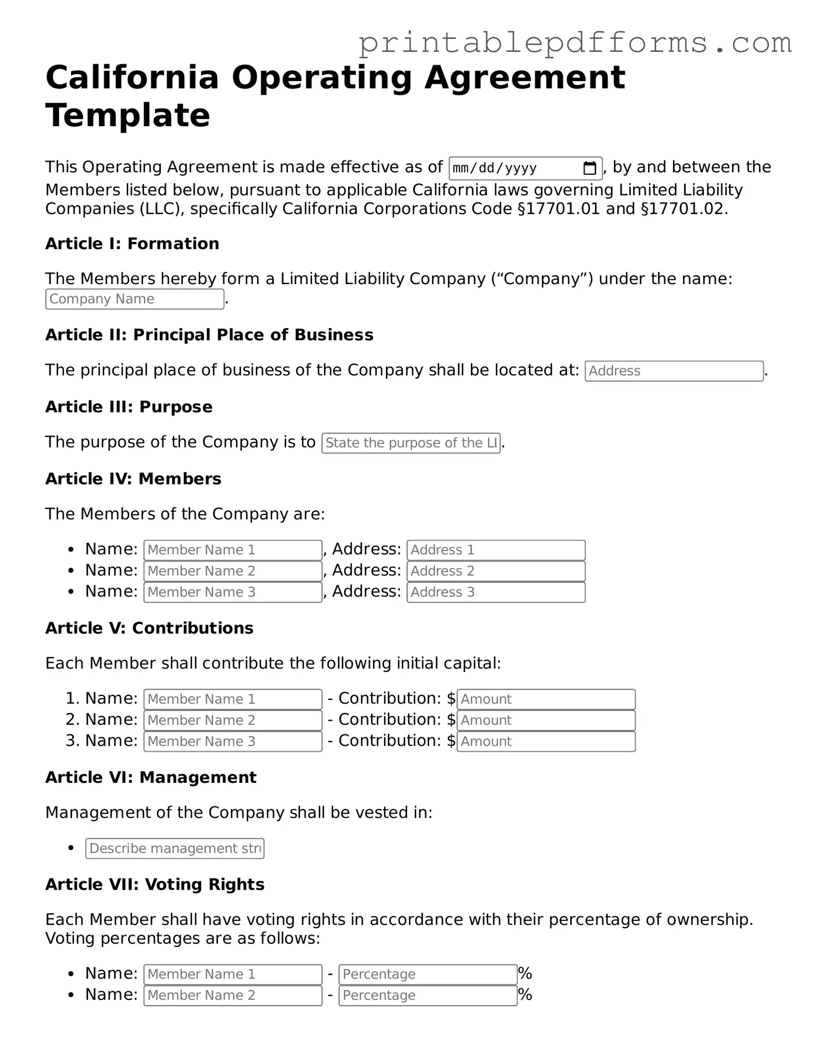 California Operating Agreement Document