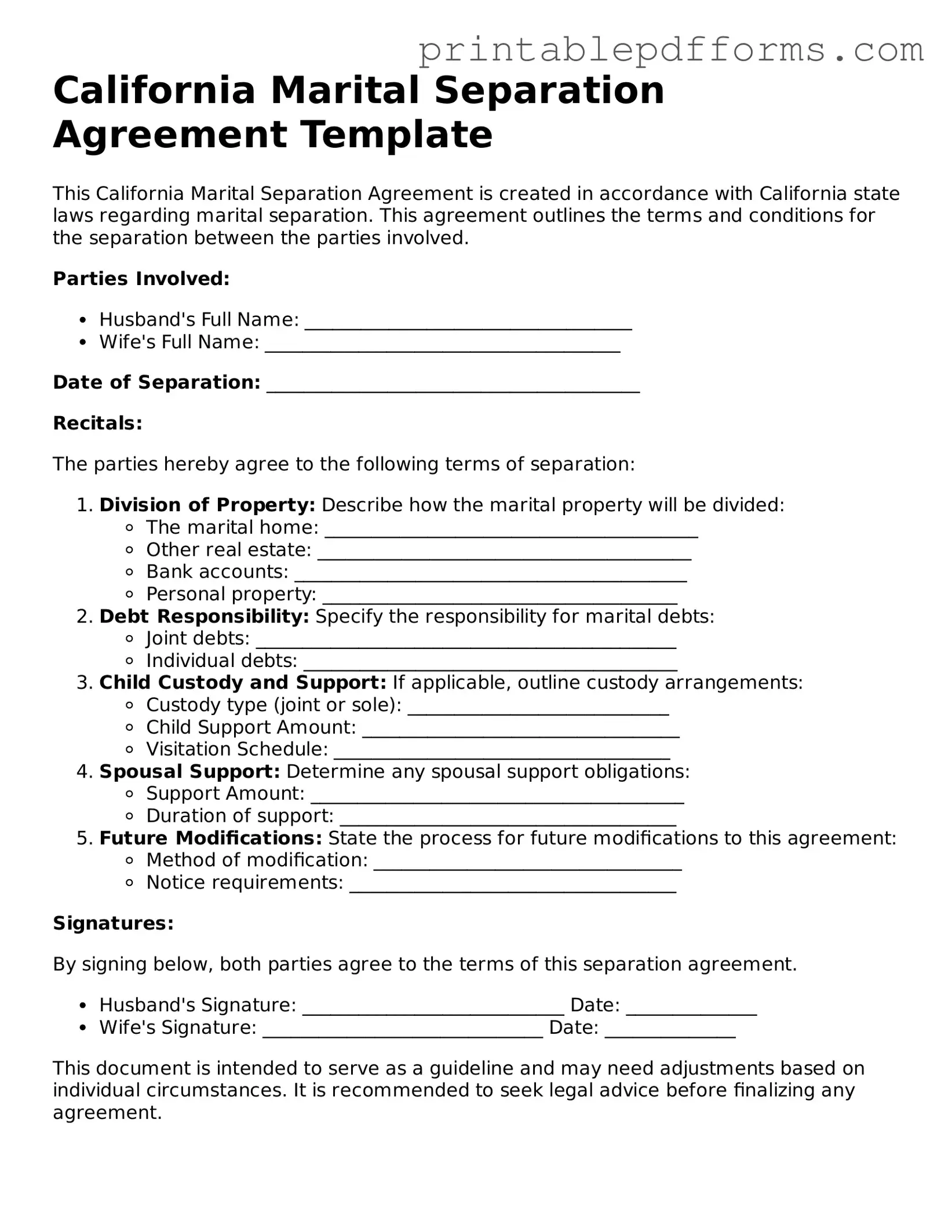 California Marital Separation Agreement Document