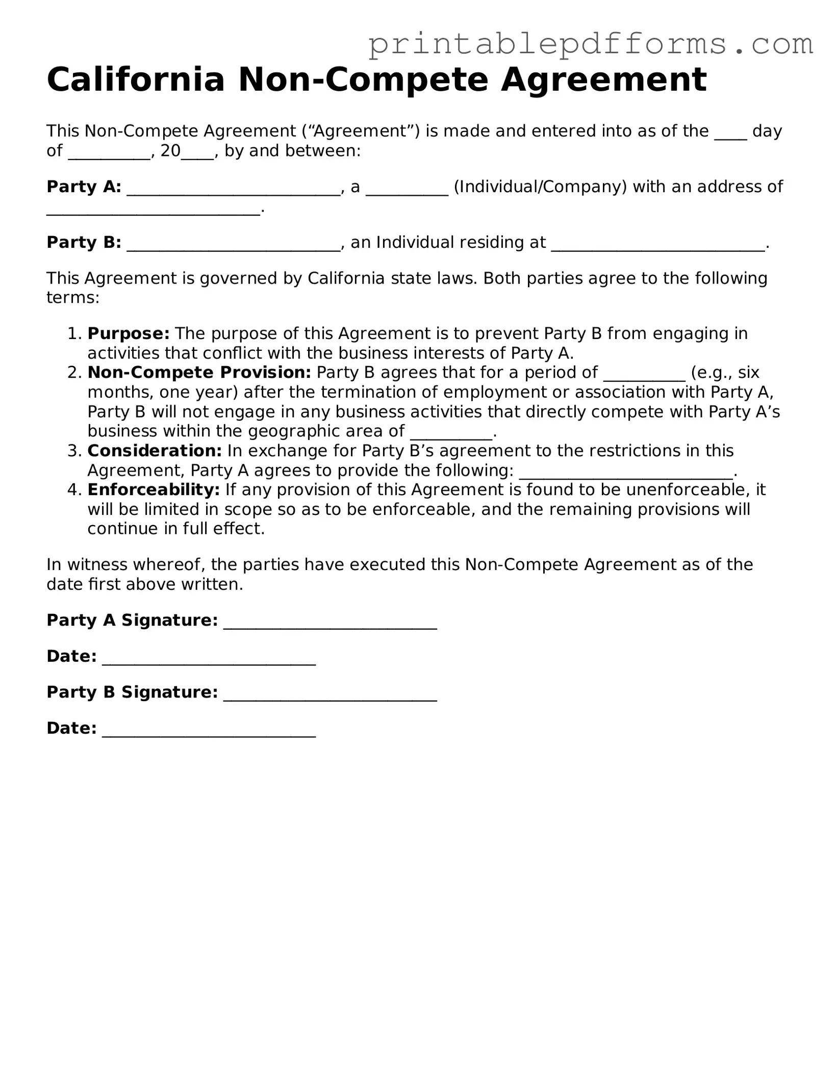 California Non-compete Agreement Document