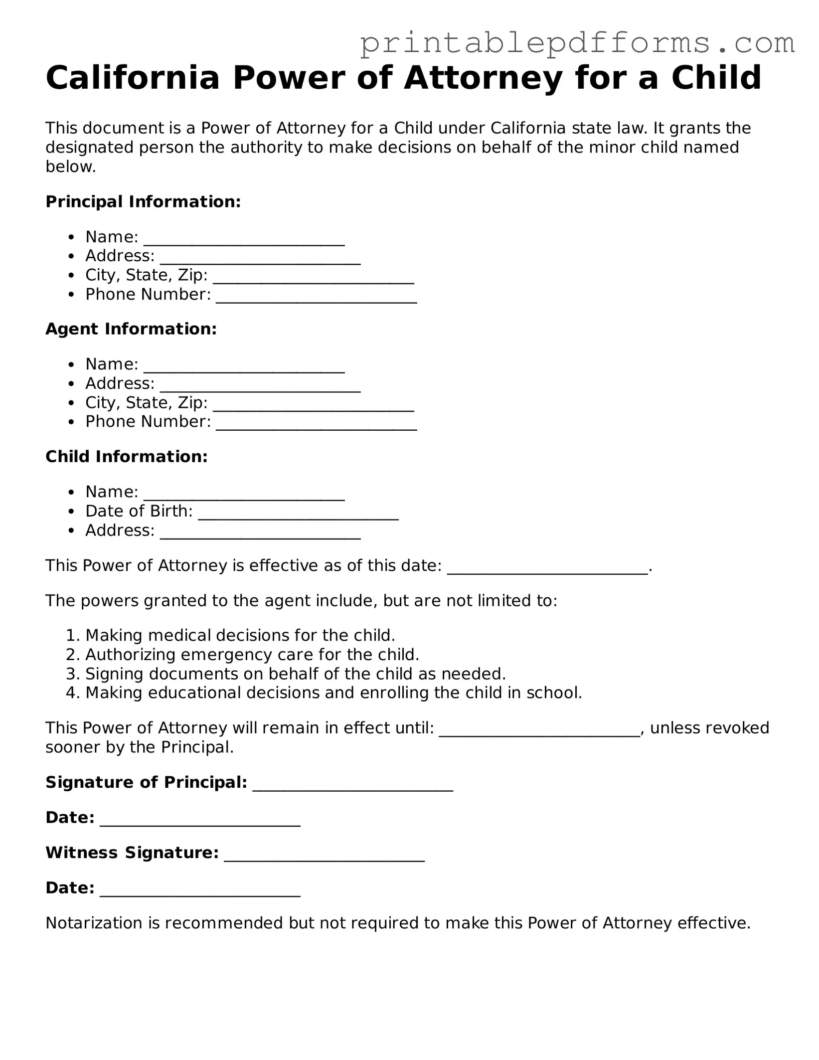 California Power of Attorney for a Child Document