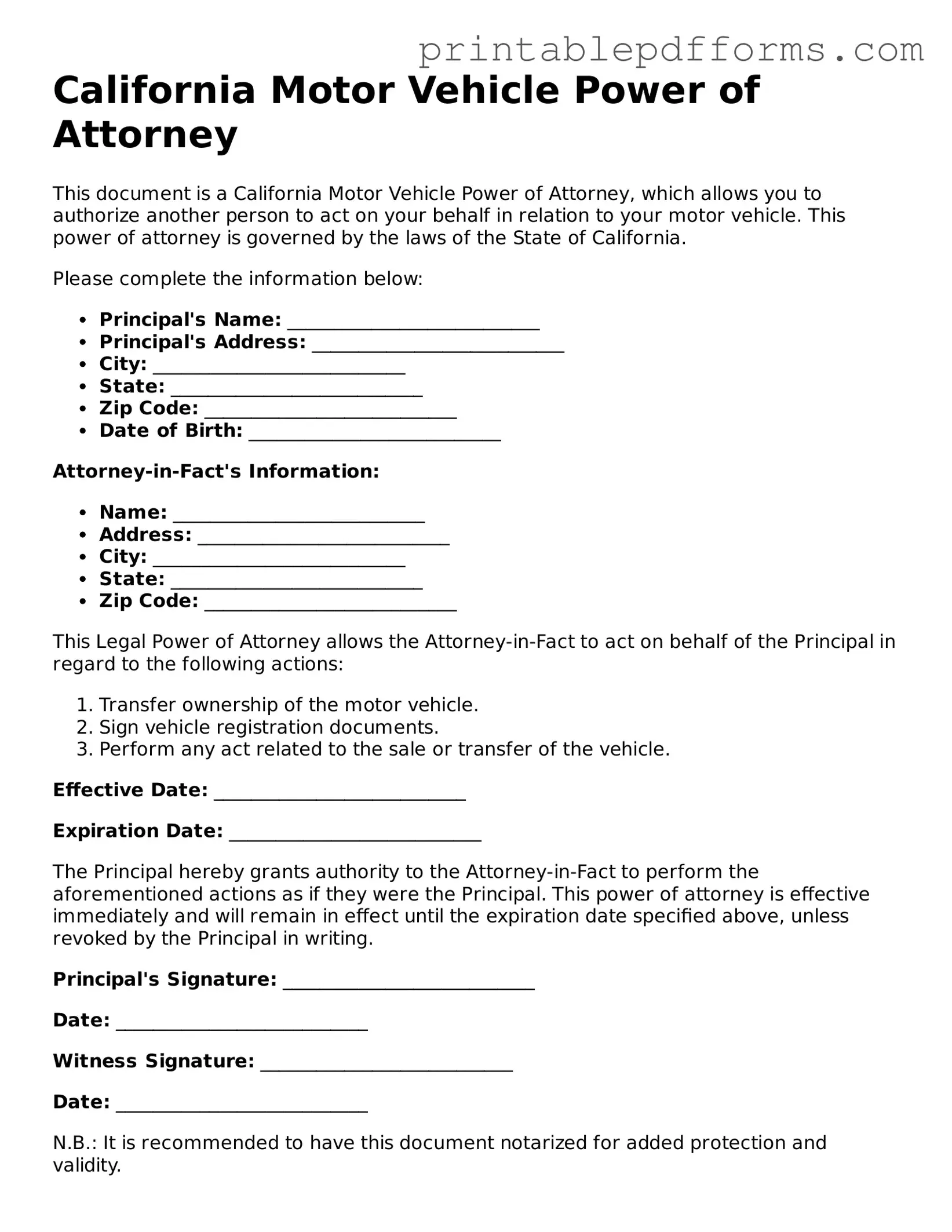 California Motor Vehicle Power of Attorney Document