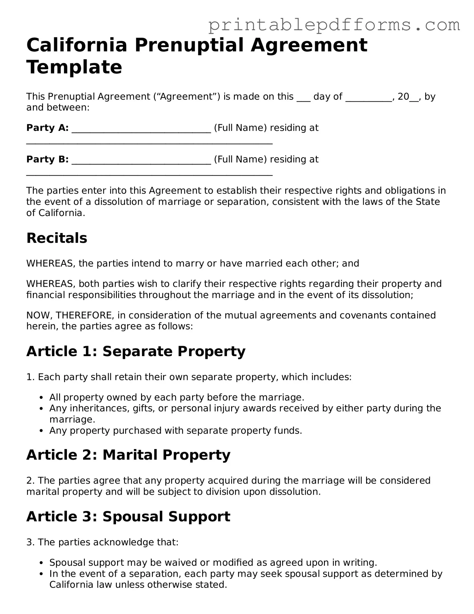 California Prenuptial Agreement Document