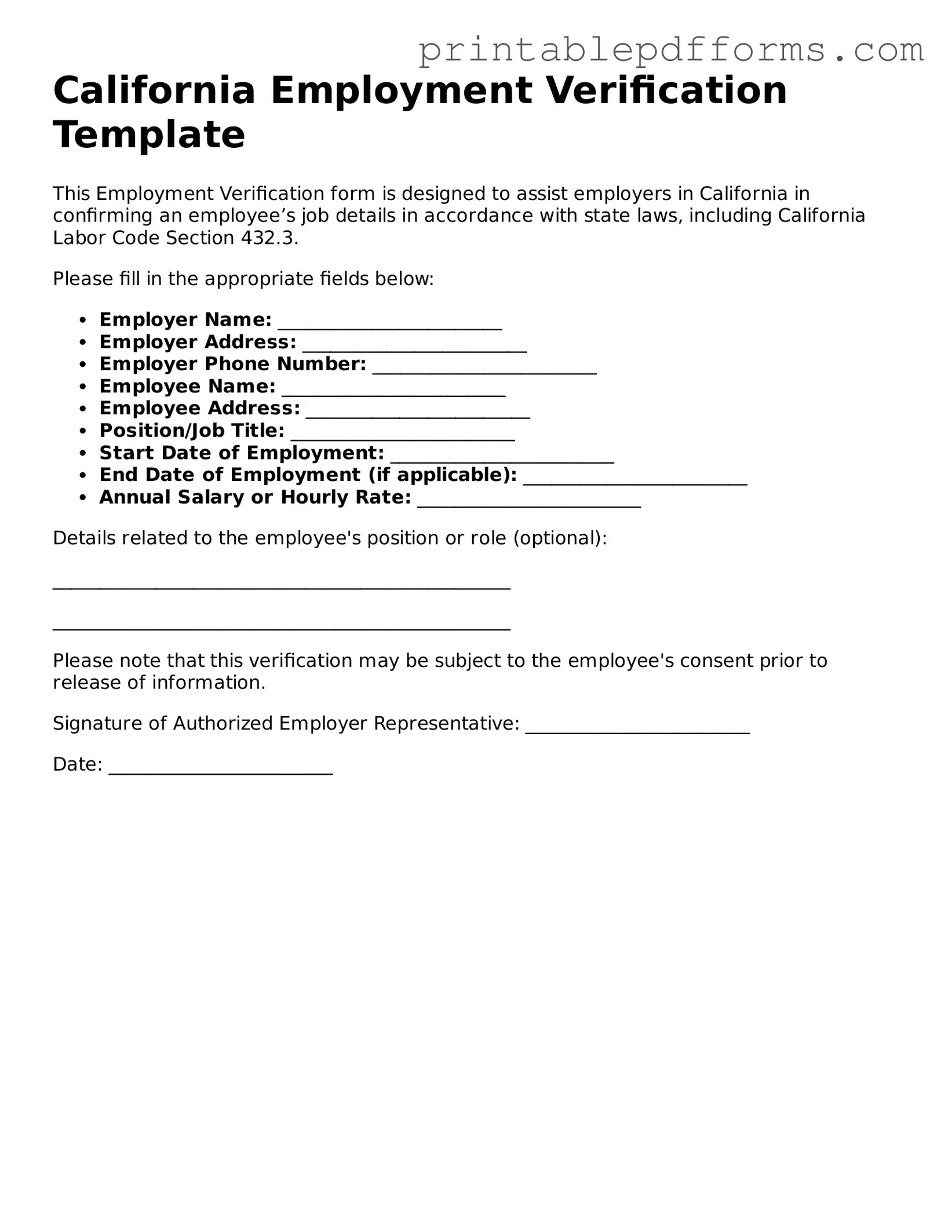 California Employment Verification Document