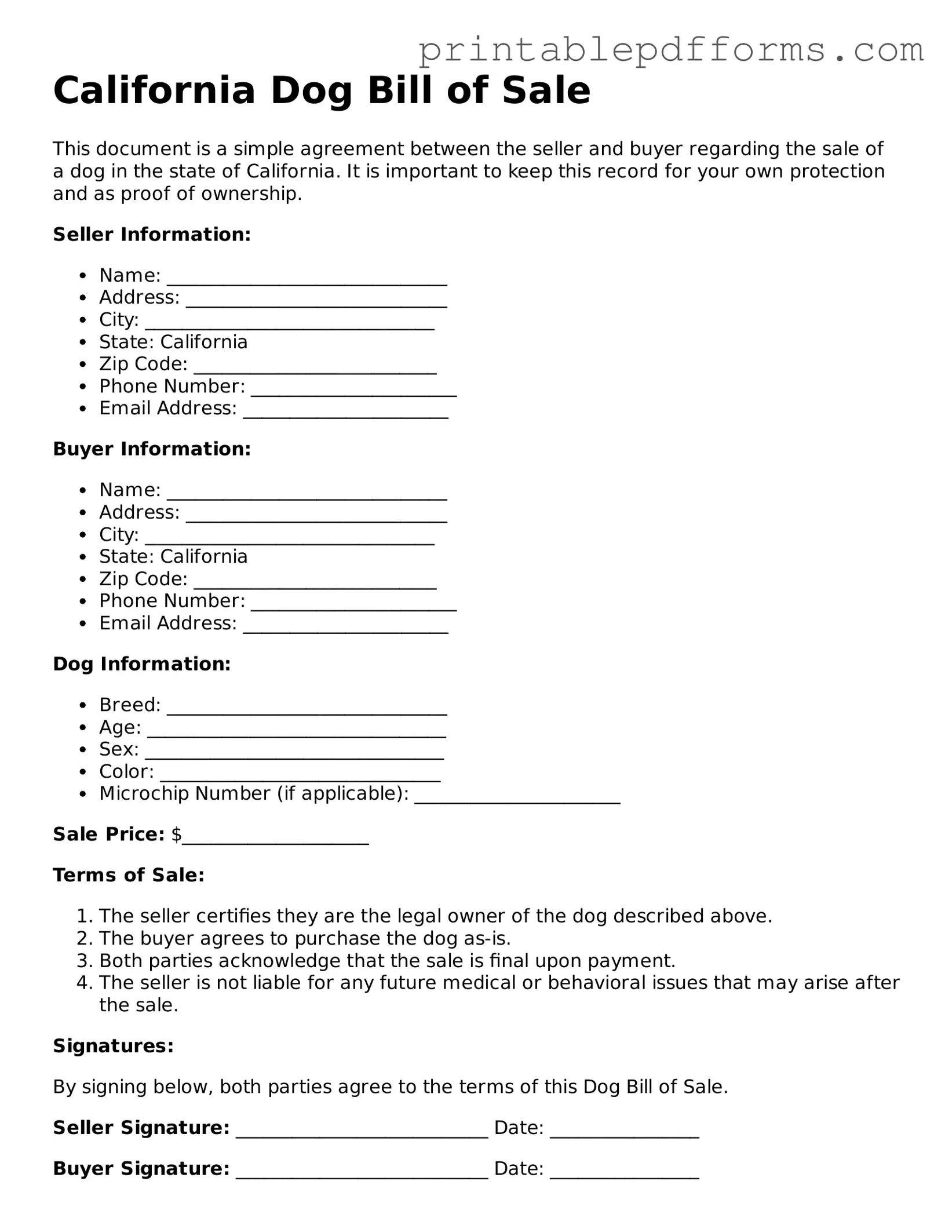 California Dog Bill of Sale Document