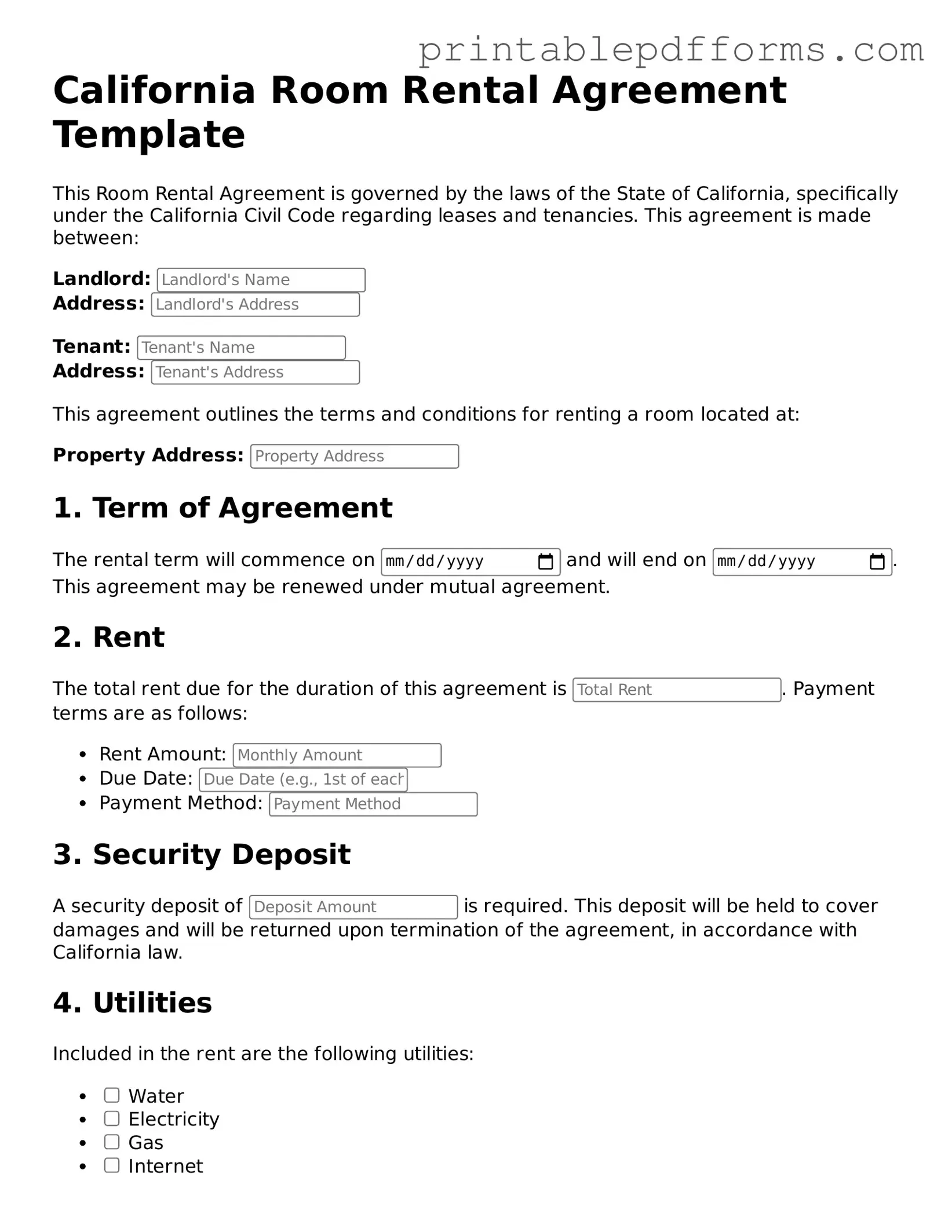 California Room Rental Agreement Document