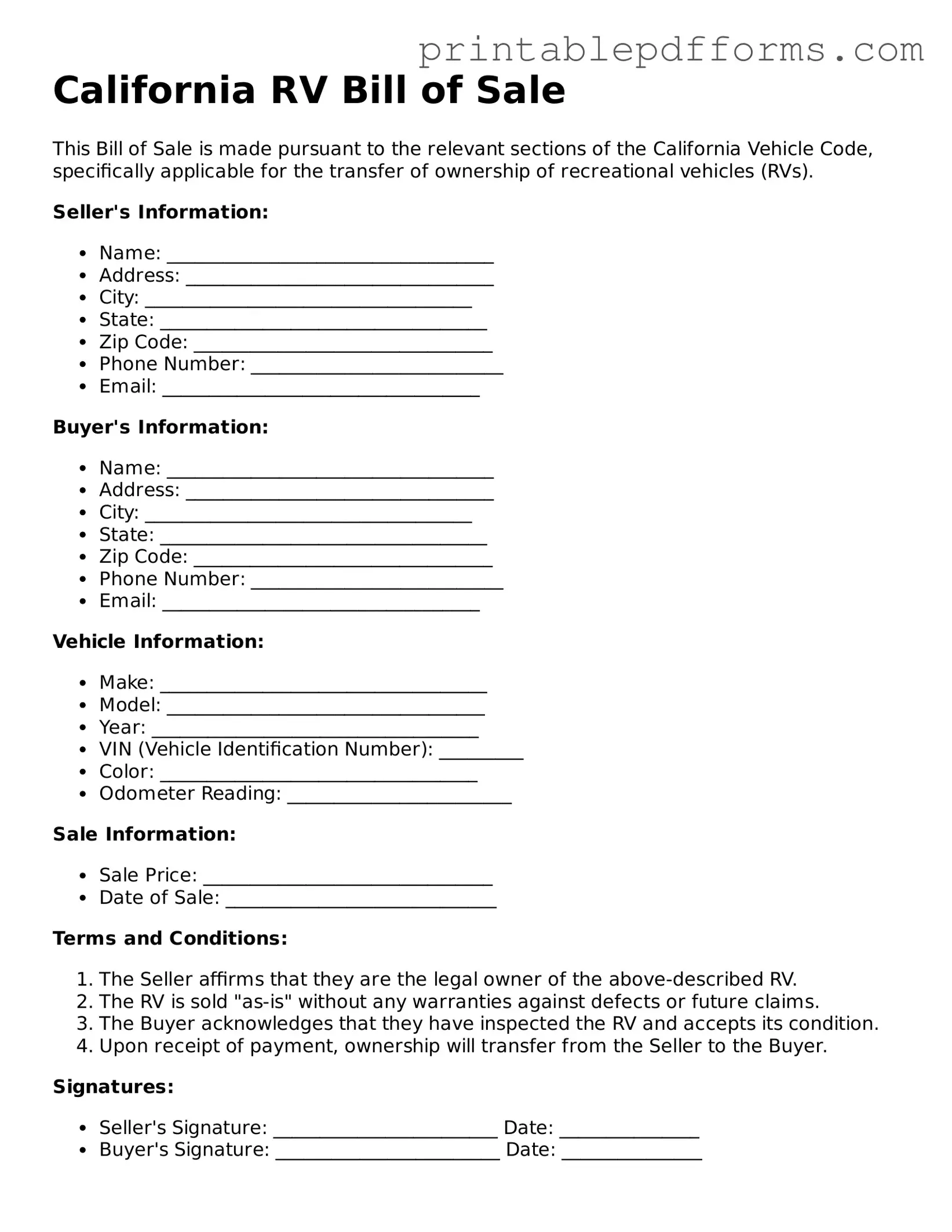 California RV Bill of Sale Document