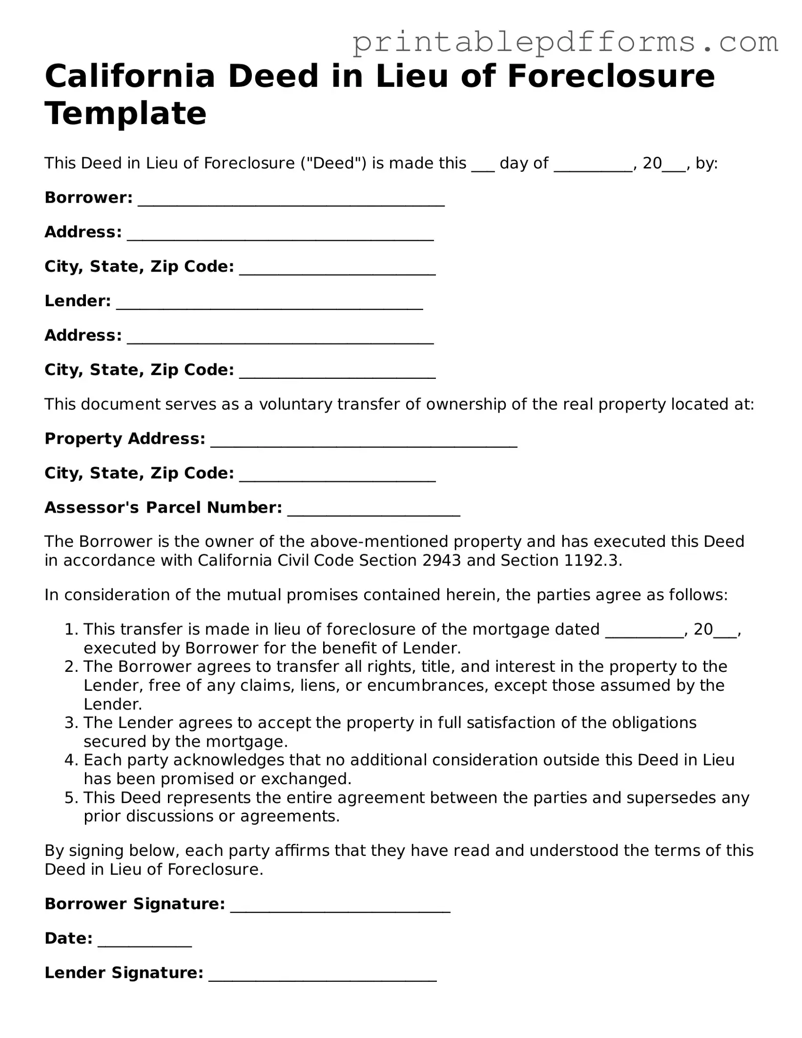 California Deed in Lieu of Foreclosure Document