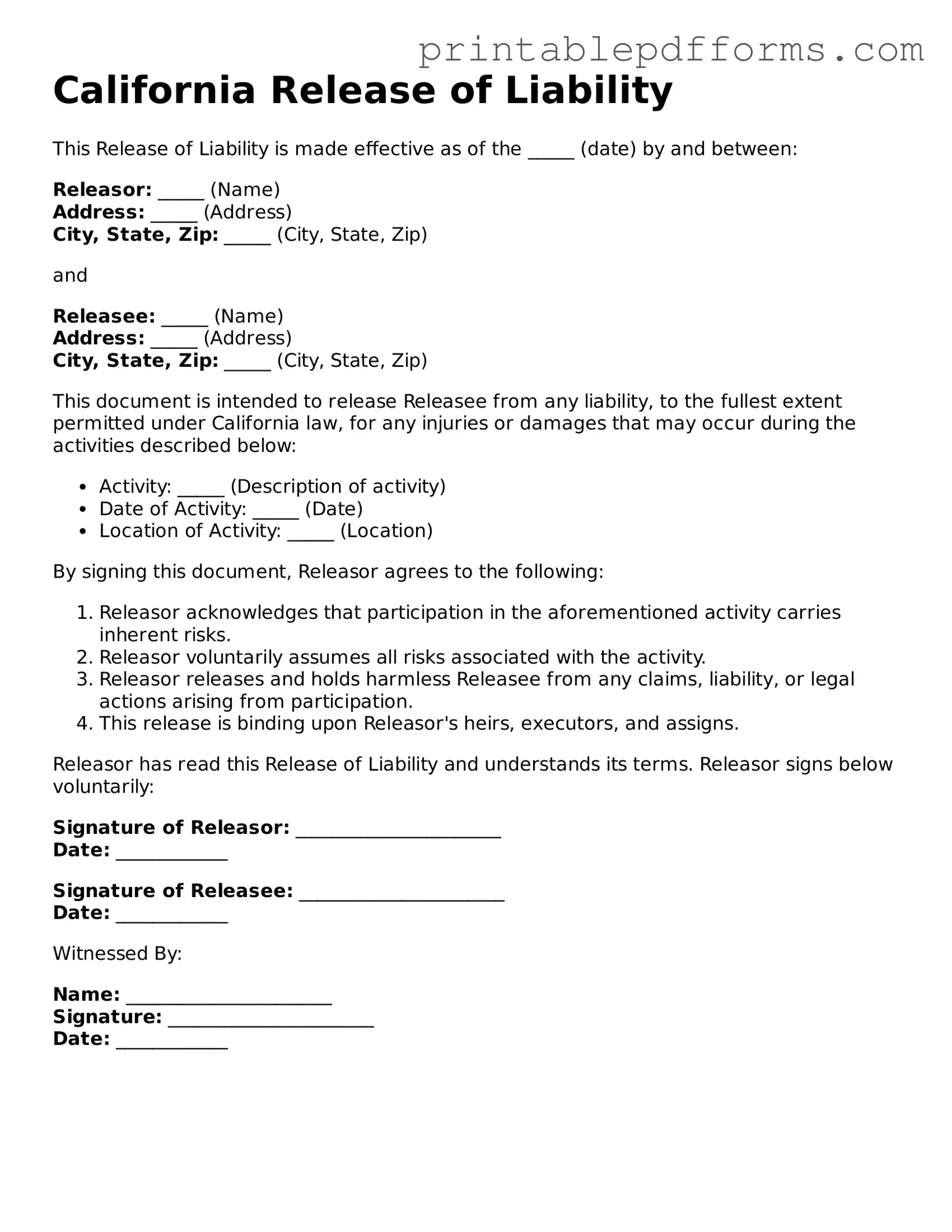 California Release of Liability Document