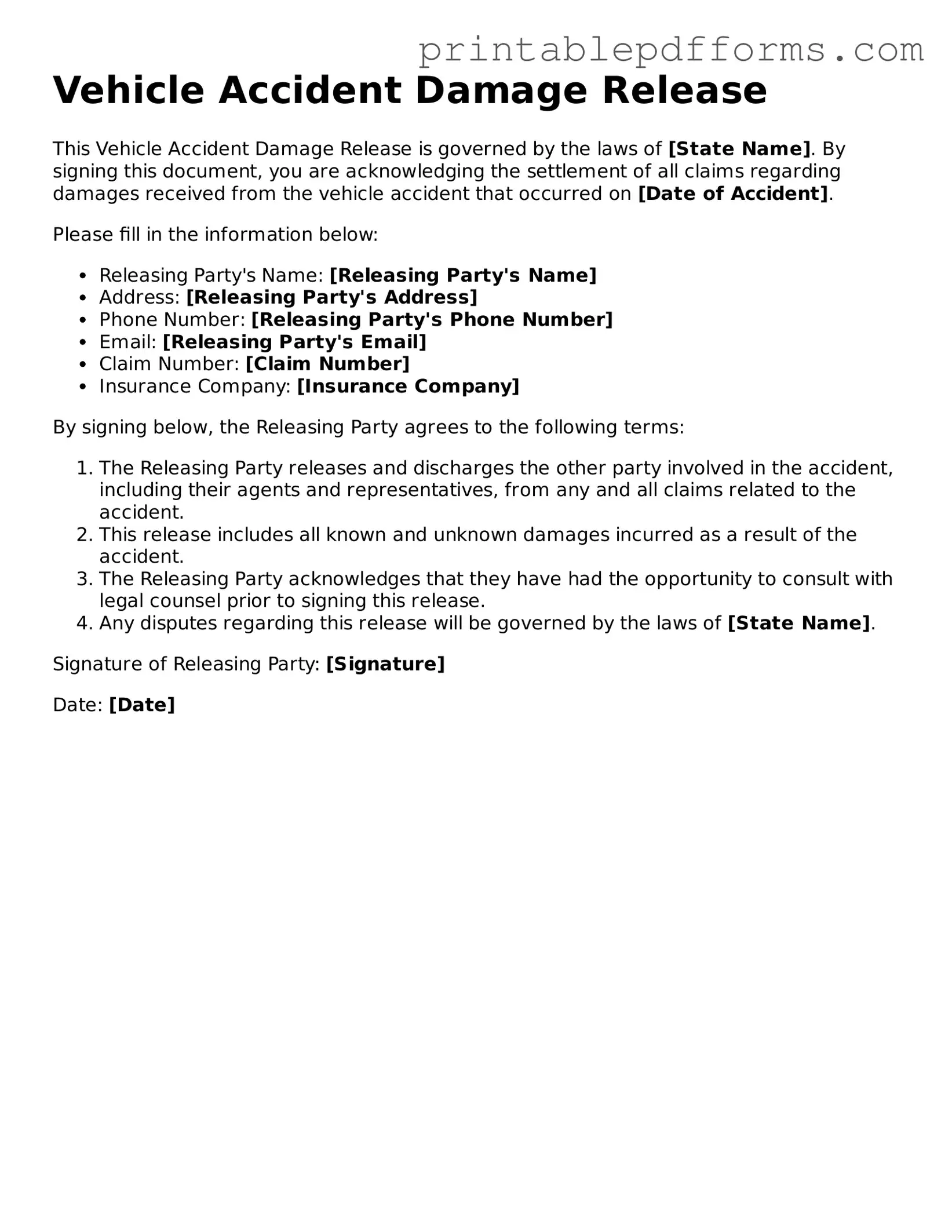 Blank Vehicle Accident Damage Release Form