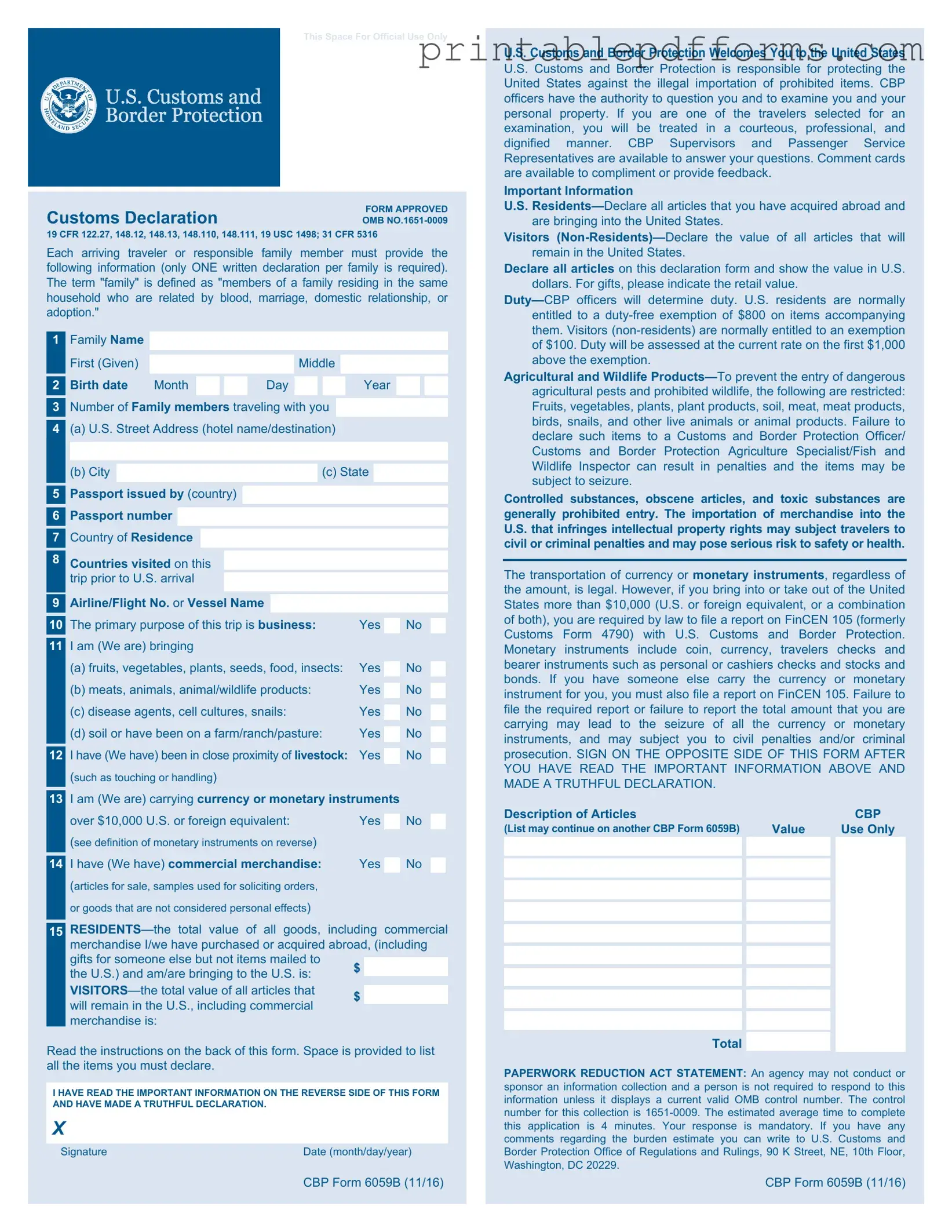 Fill a Valid CBP 6059B Form