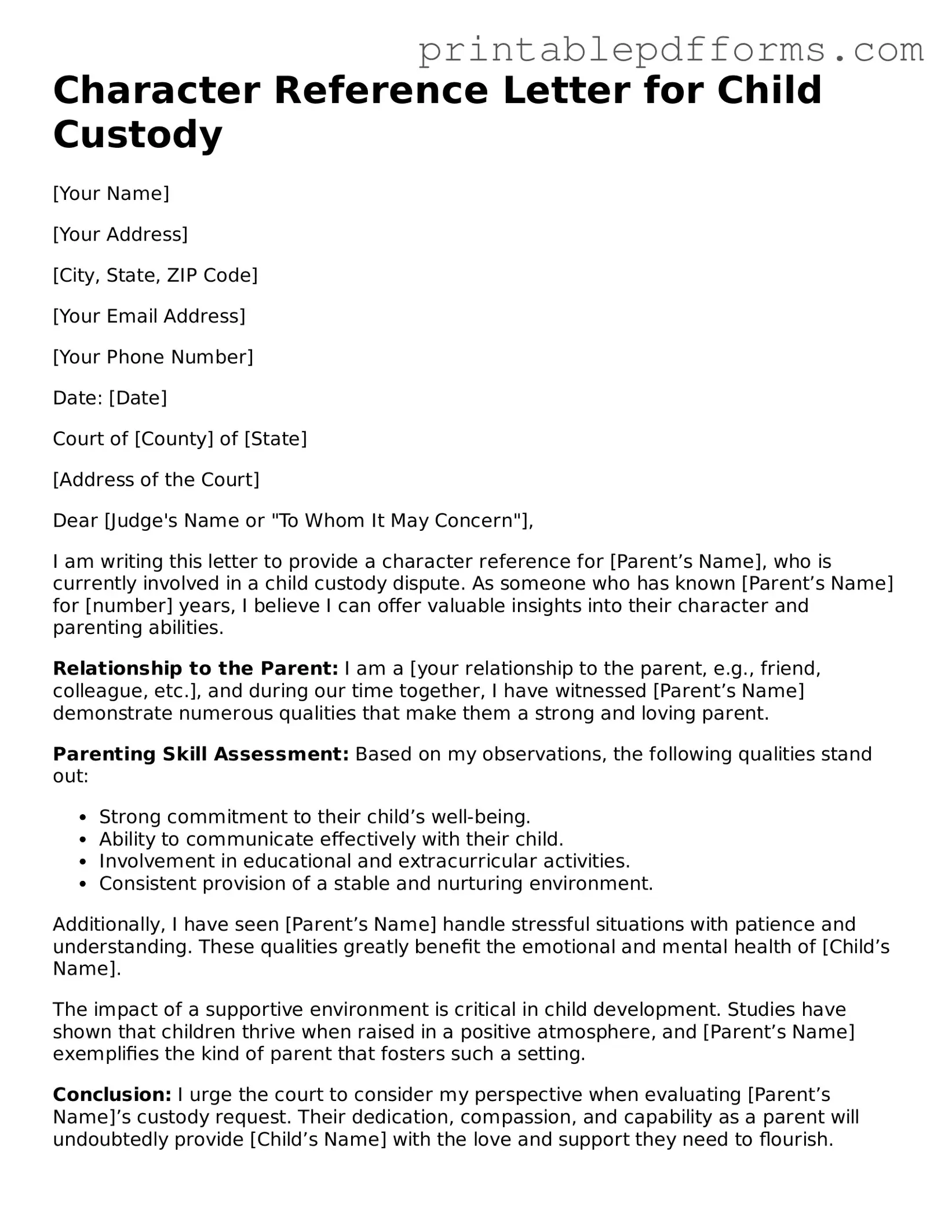 Blank Character Reference Letter for Child Custody Form