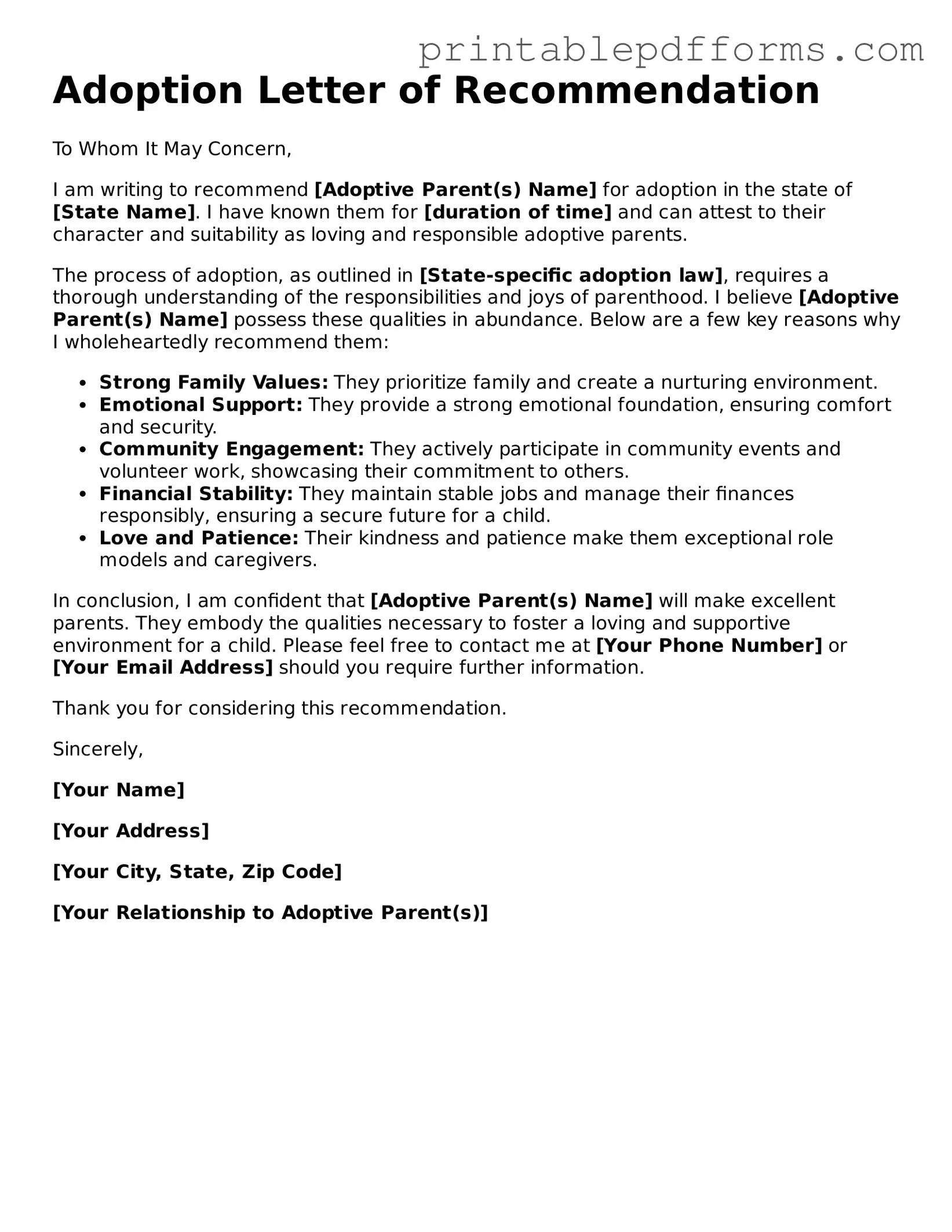 Blank Adoption Letter of Recommendation Form